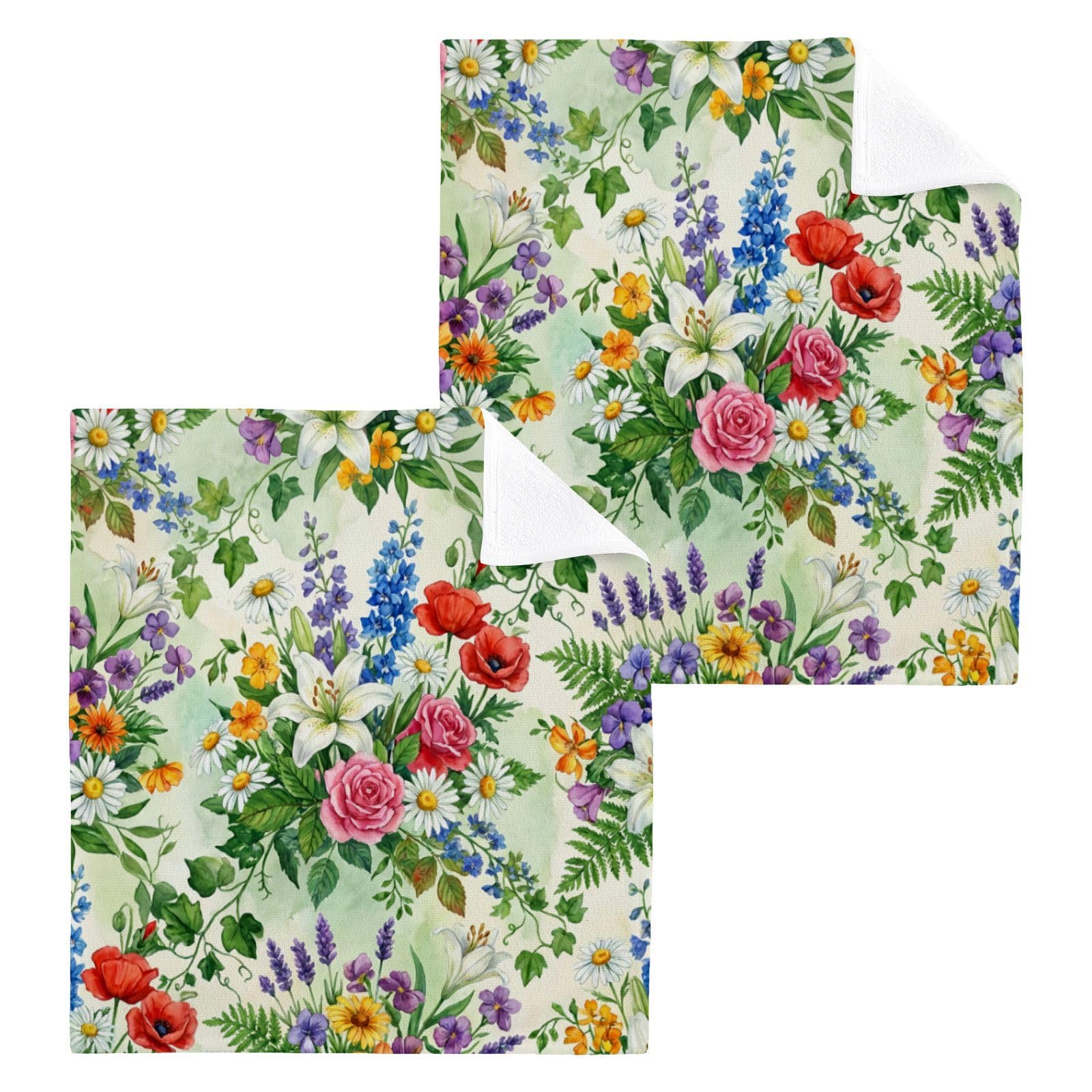 BOESI Vibrant Summer Wildflower 12x12in Cotton Washcloth,Face Towel
