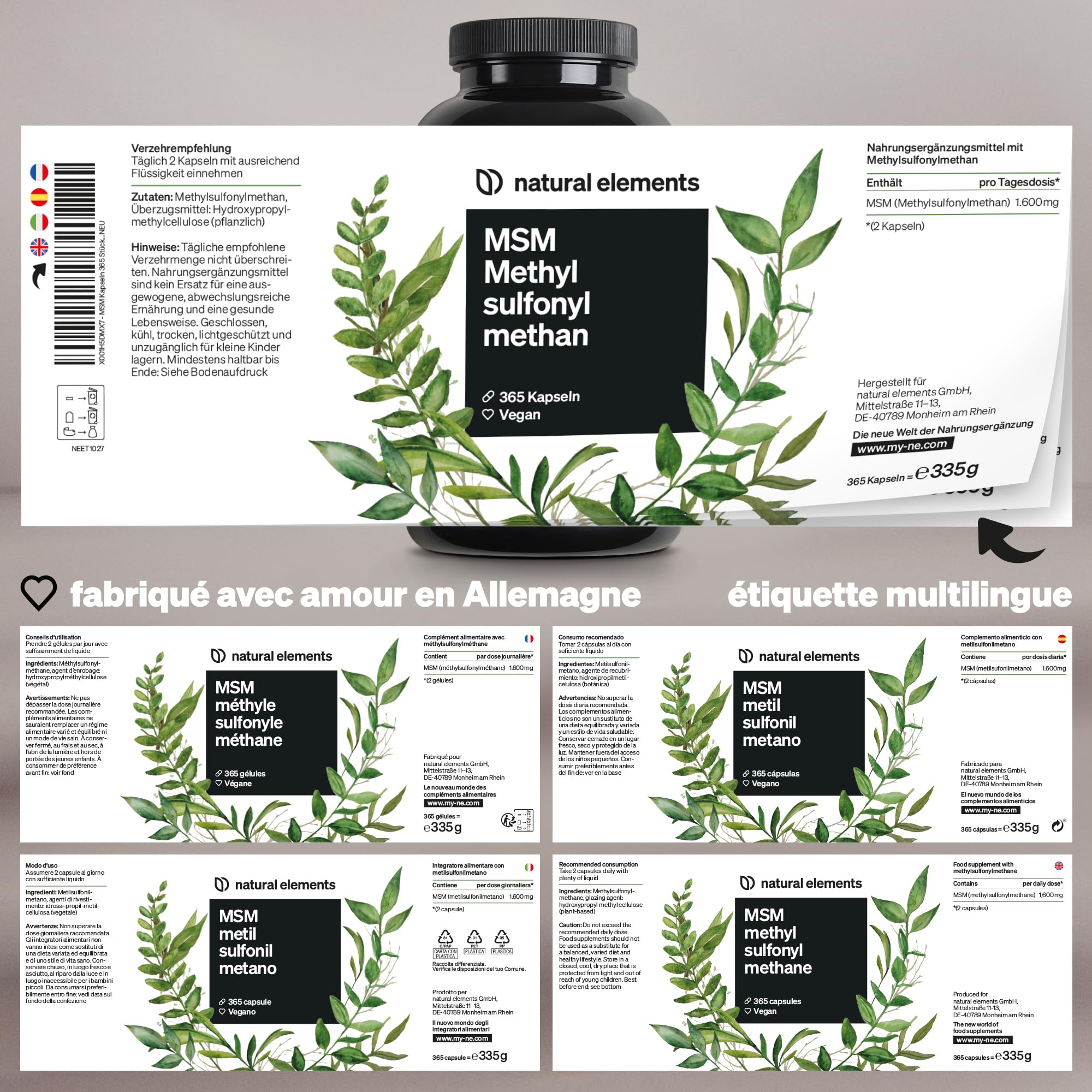 Gélules de MSM - 365 gélules végétaliennes - Testé en laboratoire - 1600mg de poudre de méthylsulfonylméthane (MSM) par dose journalière - Sans additifs, Hautement dosé