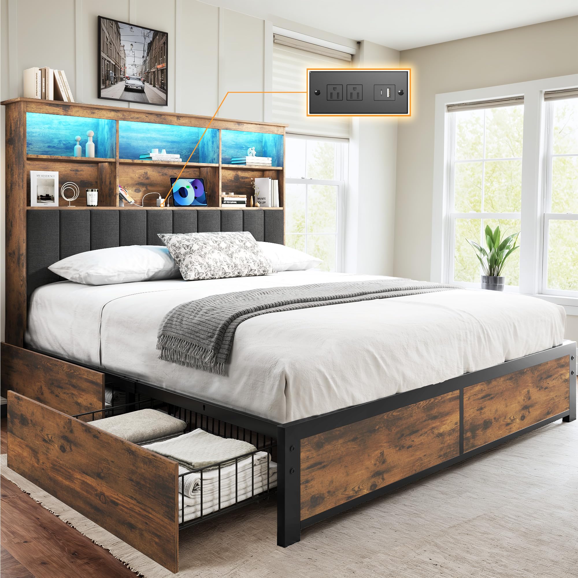 HISOFT Queen Bed Frame with High Storage Bookcase