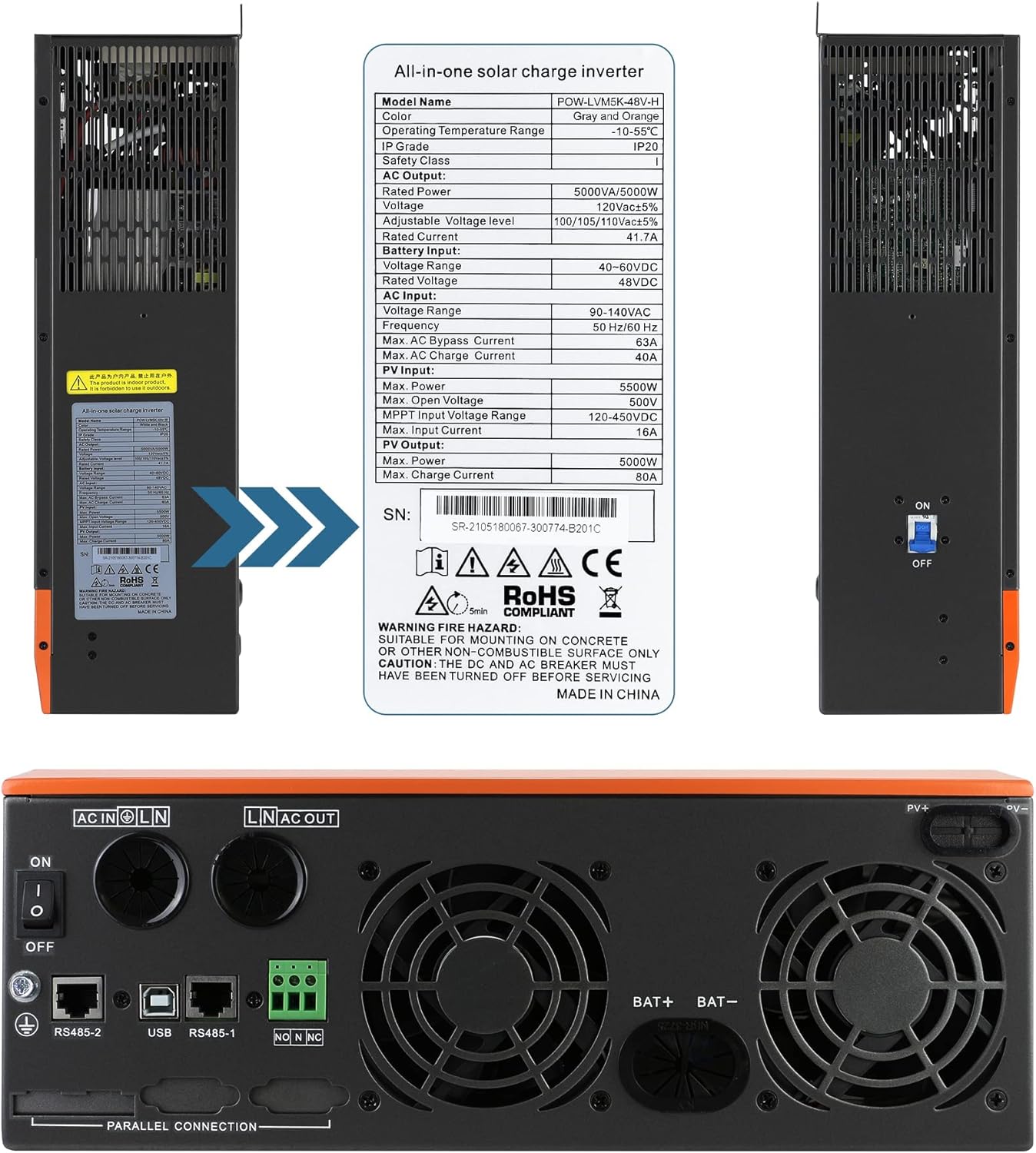 PowMr 5000W Hybrid Inverter, Off Grid All in one Inverter 48V DC to 110V AC, 5KW Pure Sine Wave Inverter Charger with 80A MPPT Controller, Max. 500V PV Input, for Lead-Acid and Lithium Batteries : Everything Else