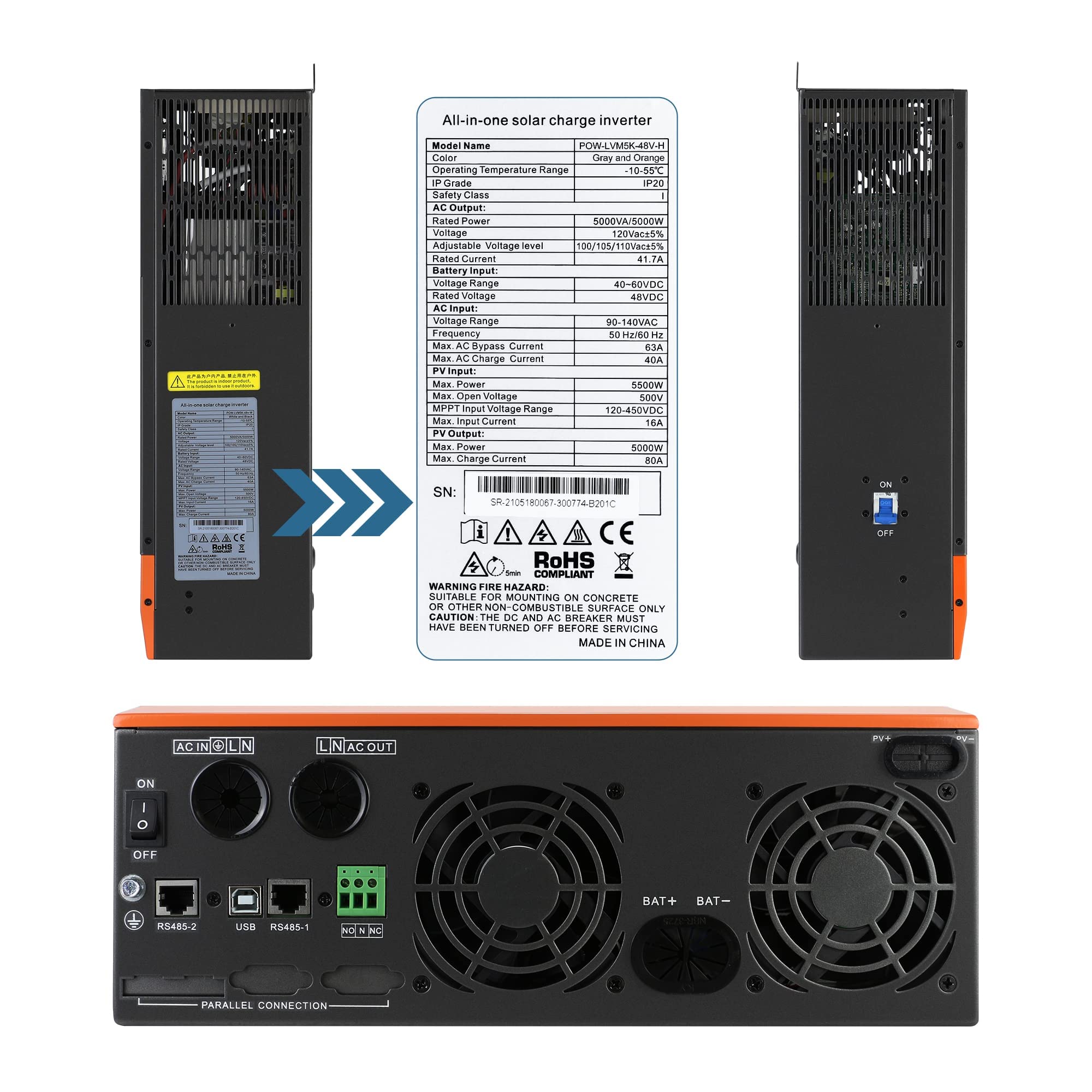 PowMr 5000W Hybrid Inverter, Off Grid All in one Inverter 48V DC to