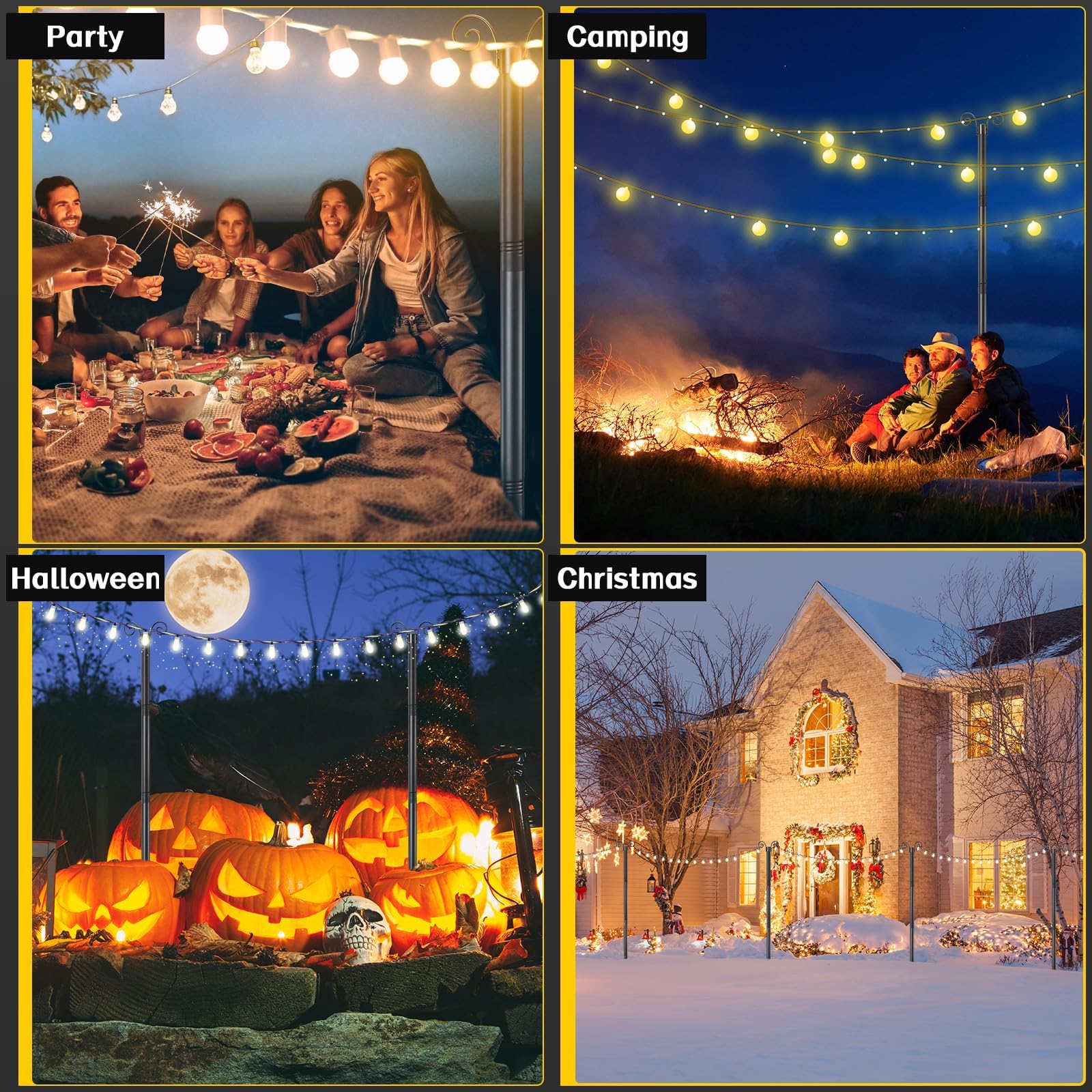 Schäferhaken für Beleuchtungen, Lichterkette Stangen Außen Schwarz, 38mm Robuste Stangen für Außenlichterkette, Metall Lichterkettenmast für Terrasse Hof Garten Hochzeit Party, 10FT(3m)