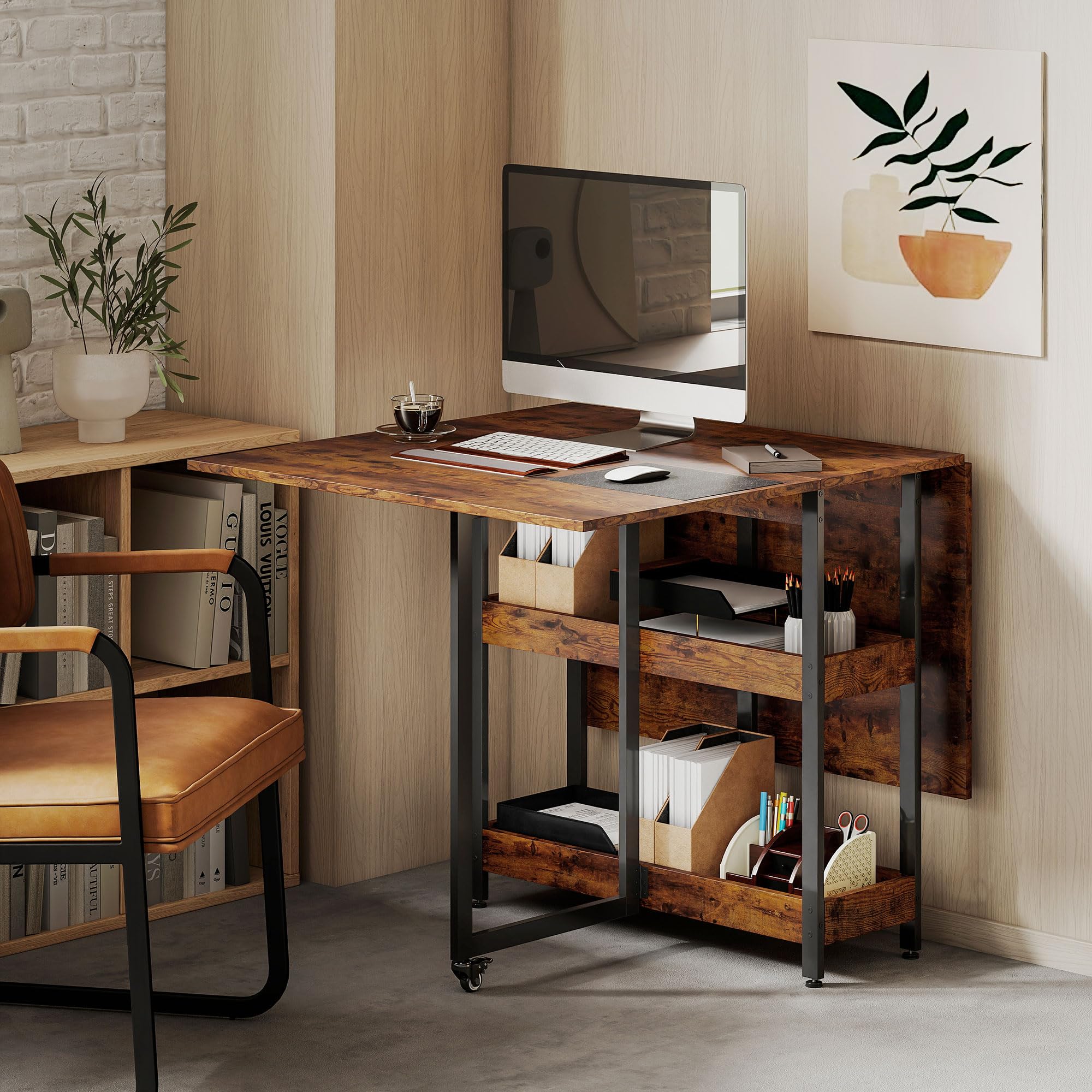 HOMCOM Esstisch Klappbar Küchentisch für 2-4 Personen mit 2 Offenen Ablagen, Esszimmertisch Klapptisch mit Rollen für Kleine Räume, Esszimmer, Küche 133,4 x 80 x 75 cm Rustikal-Braun