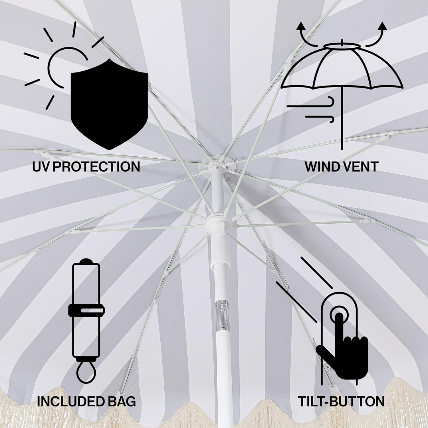 JONATHAN Y UMB1003N Mariner 6.5 ft. Cottage Fringe Tassel Market Beach Umbrella with Push Button Tilt, Wind Vent and UV Protection, and Matching Carry Bag in Navy and White Stripe/Cream, White Pole - Image 4