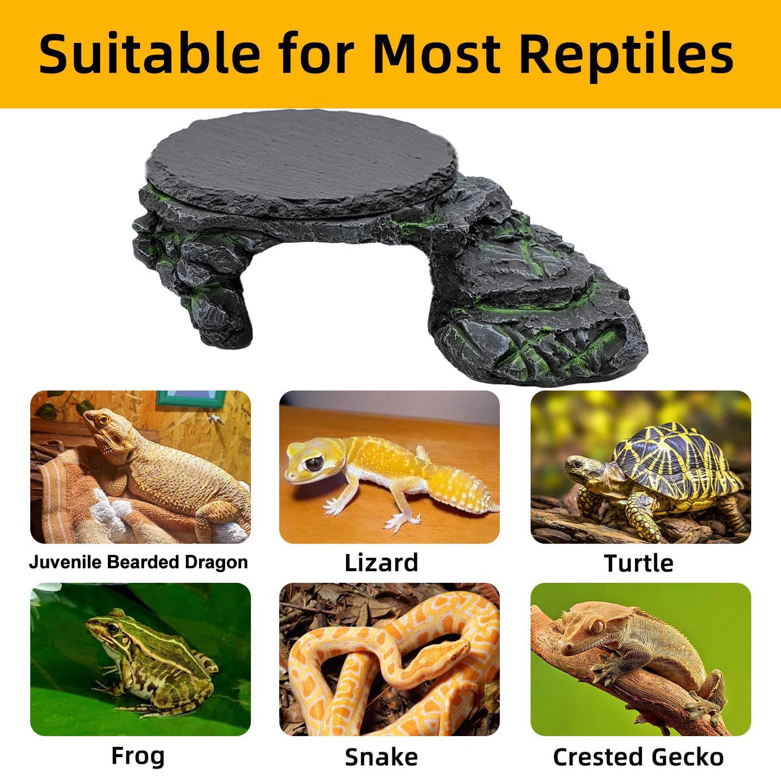 Plataforma para tomar el sol para reptiles, plataforma para tomar el sol con tortuga, accesorio de tanque de dragón, piel de reptil con placa de roca para lagarto, leopardo, gecko crestado