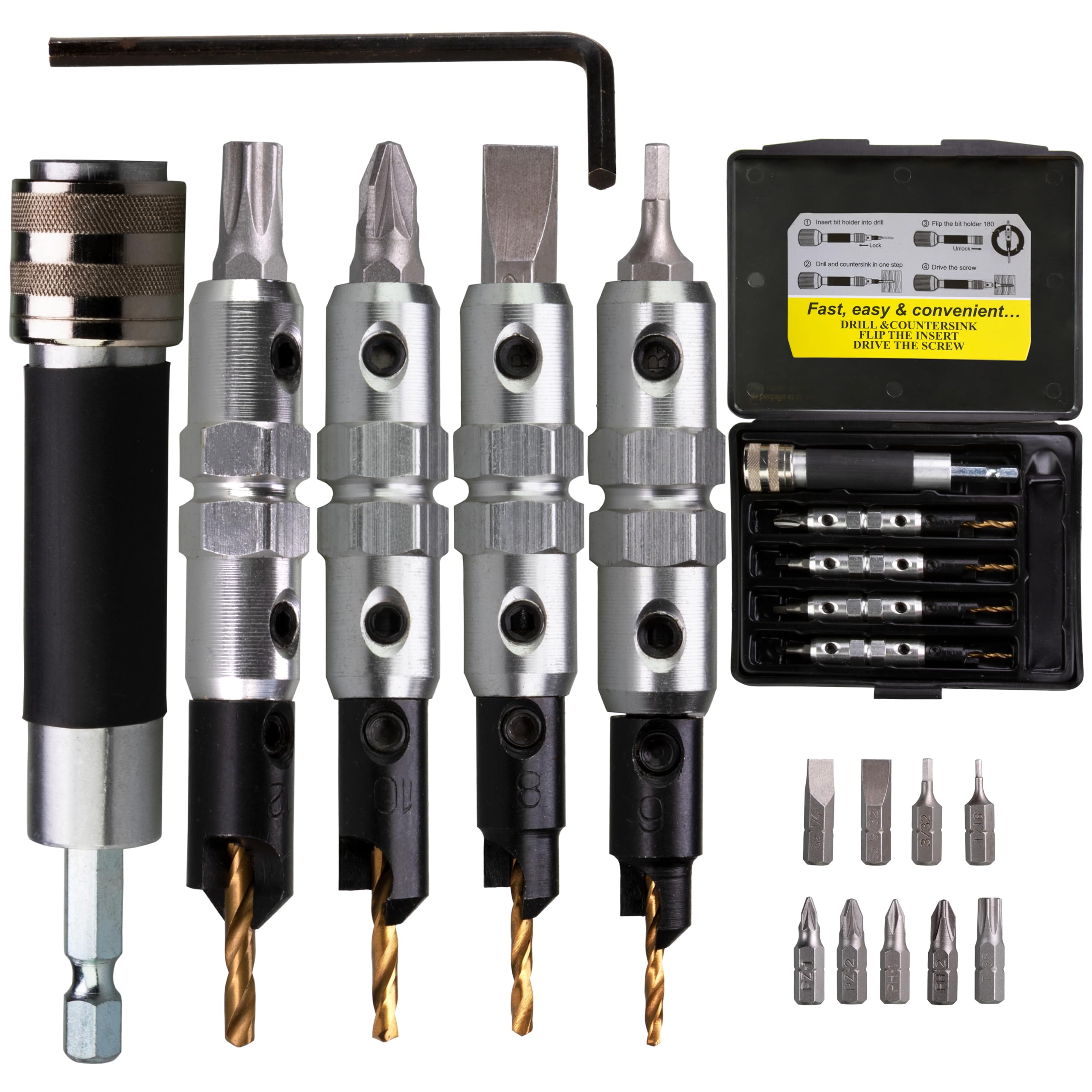 WOWSUPM 19 Pcs Quick Change Countersink Drill Bit Set Flip-over Driver Set including Screwdriver Bits for Wood