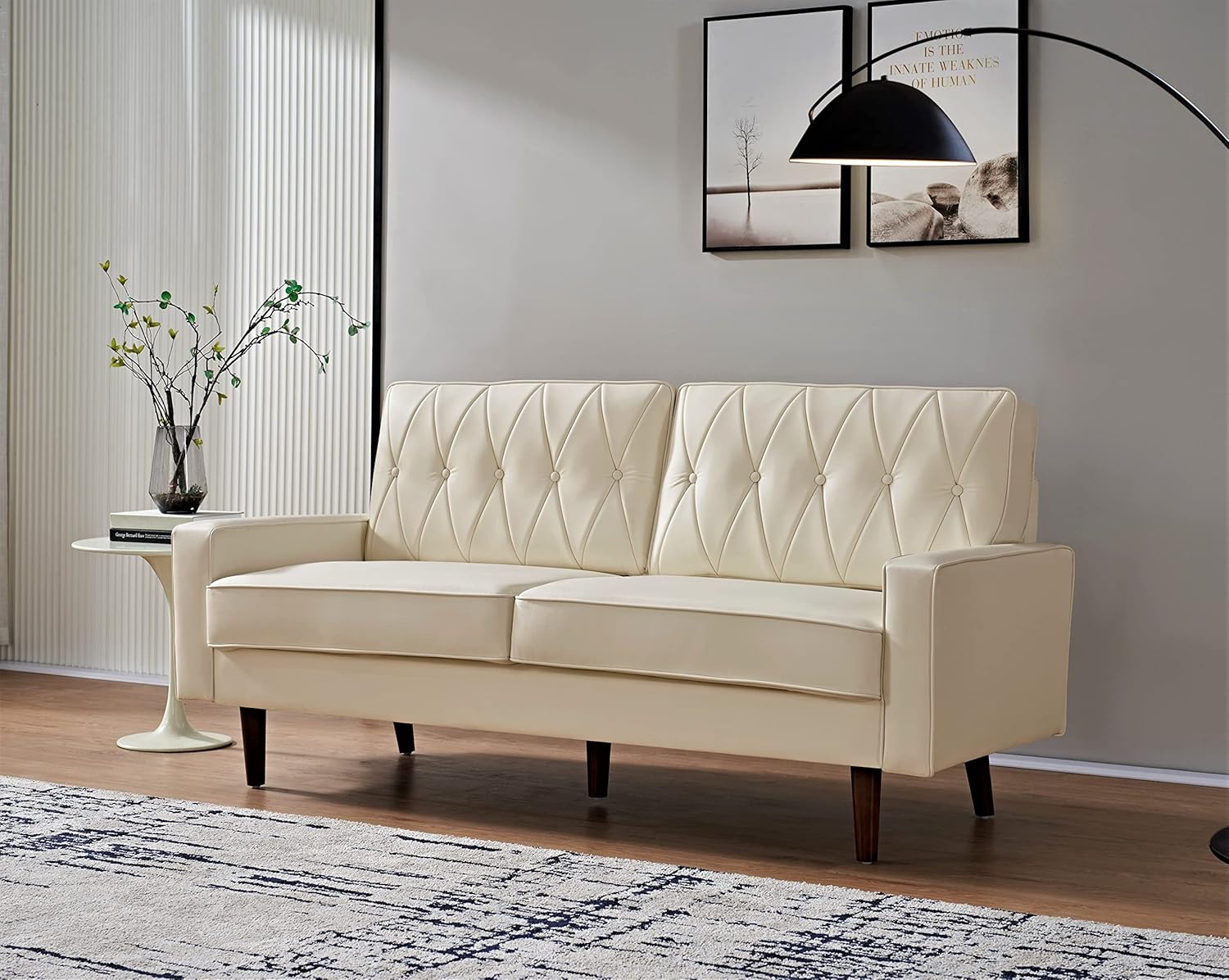 Container Furniture Modern Style Faux Leather Sofa with Elegant Round Tapered Legs and Button Tufted Backrest Perfect for Living Room, Bedroom or Home Office, 69.3’’ Wide, White