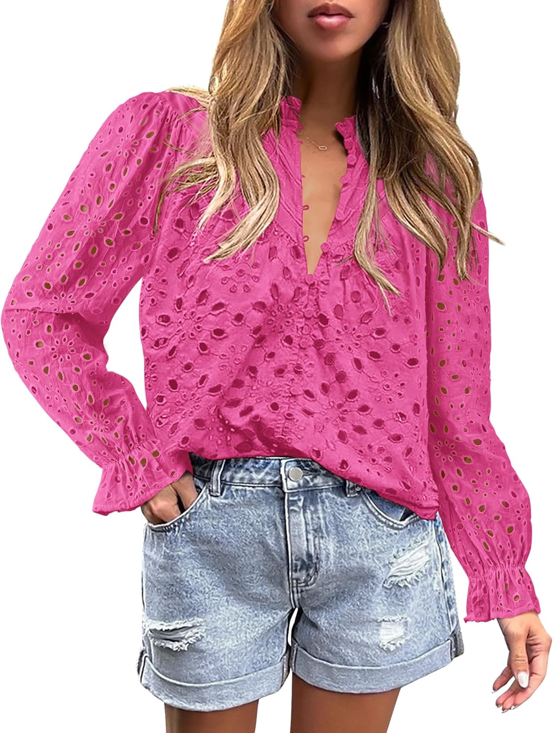 PRETTYGARDEN Women's Dressy Casual Blouse Tops Fall Spring Puff Long Sleeve Button V Neck Hollow Out Lace Embroidered Shirts