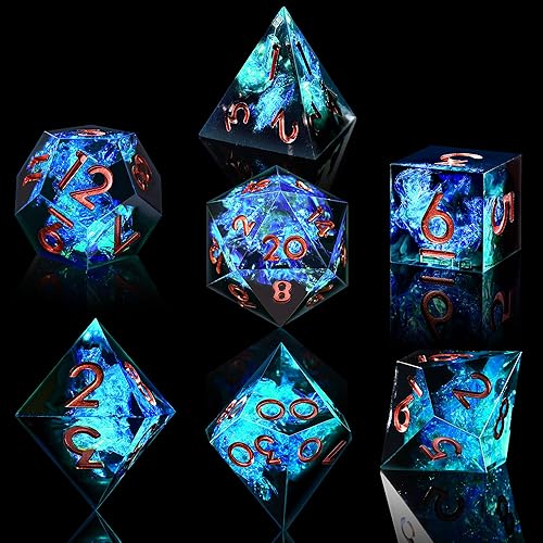 AUSTOR 7-Die DND Dice Set, Handmade Sharp Edge Polyhedral Dice for Dungeons and Dragons RPG MTG Table Games（Black & Blue） - Black & Blue