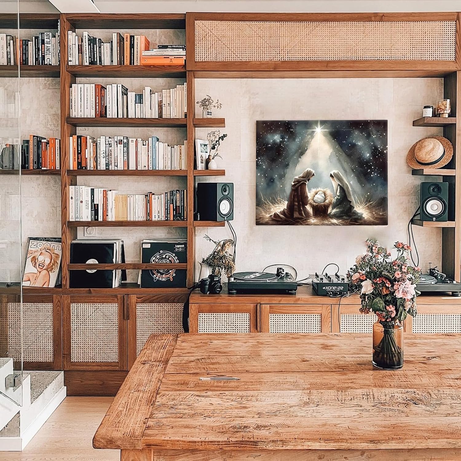 Beautiful Christmas Canvas Wall Art, Holy Family and Star Canvas Print Poster, Spiritual Nativity Christmas Oil Painting, Timeless Religious Artwork, Radiant Pictures Decoration, Framed 24x30inch