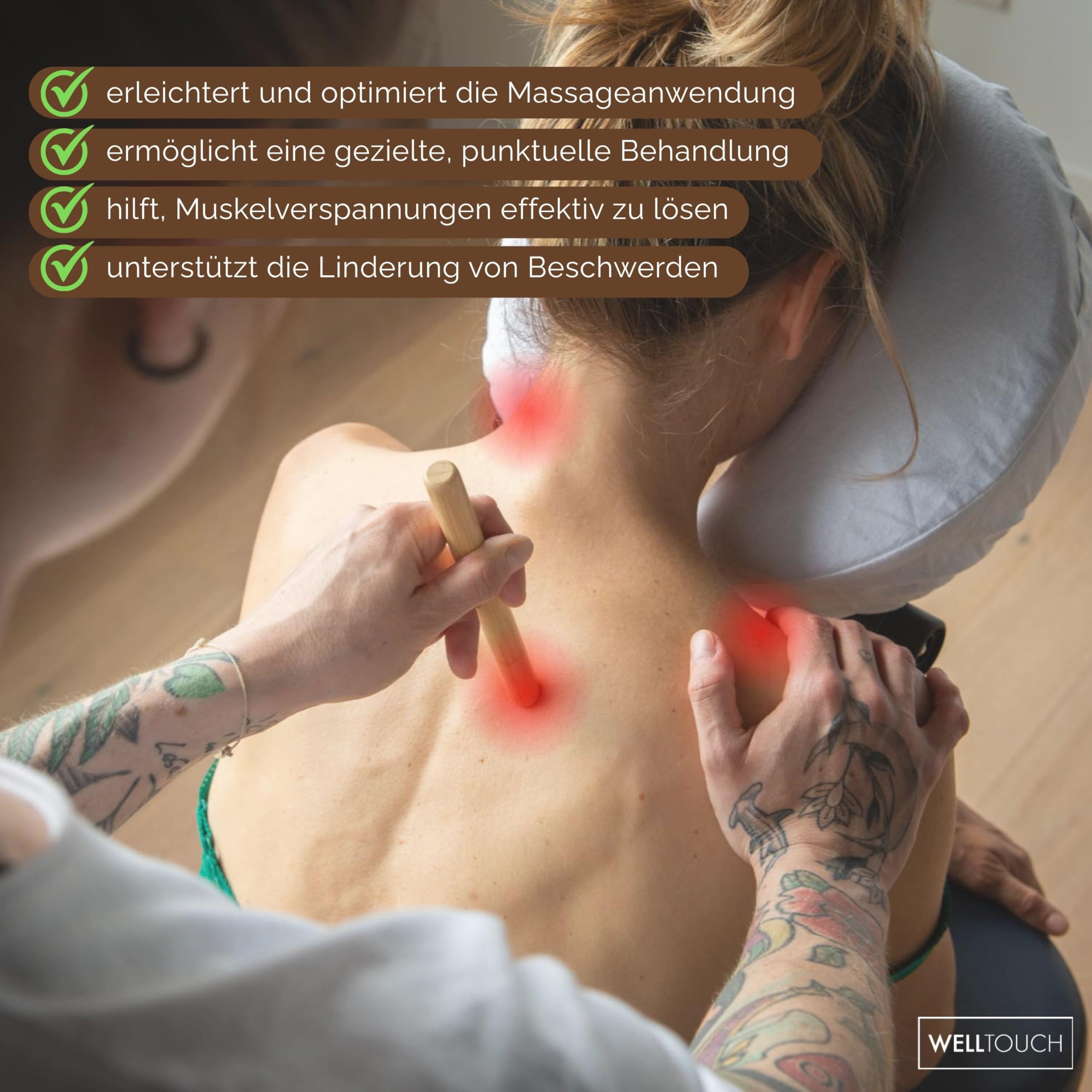 WellTouch Bâtons de massage en bambou, jeu de 11 pièces, pour la thérapie de massage aux bambous, soulage les tensions musculaires