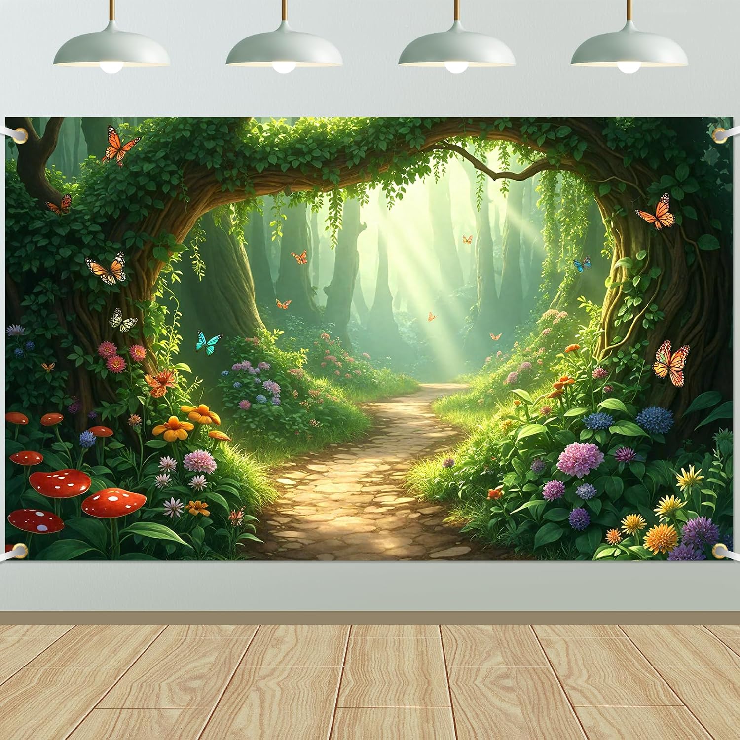 Magical Forest Banner Backdrop Decorations Fairy Tale Forest Party Decor with Butterfly Mushroom Jungle Greenery Garden Green Tree Background Tapestry for Kids Girls Birthday Party Photography