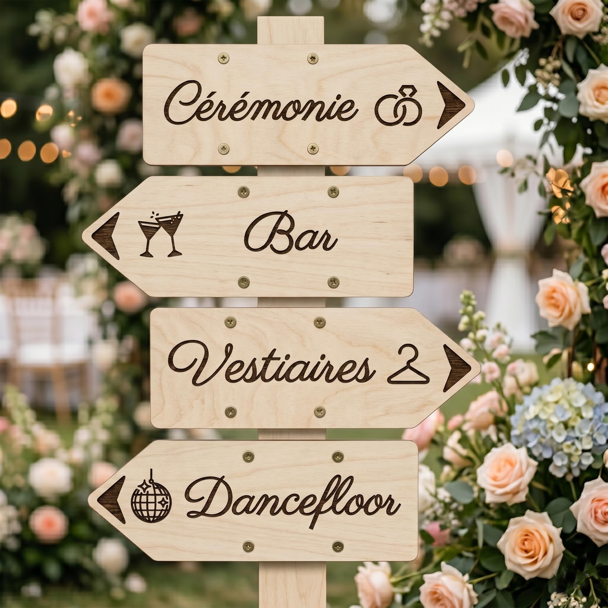 Pancarte direction bois personnalisé, signalétique mariage, événement, cérémonie, baptême, panneau parking, toilettes, bar, vestiaires, 30x11cm