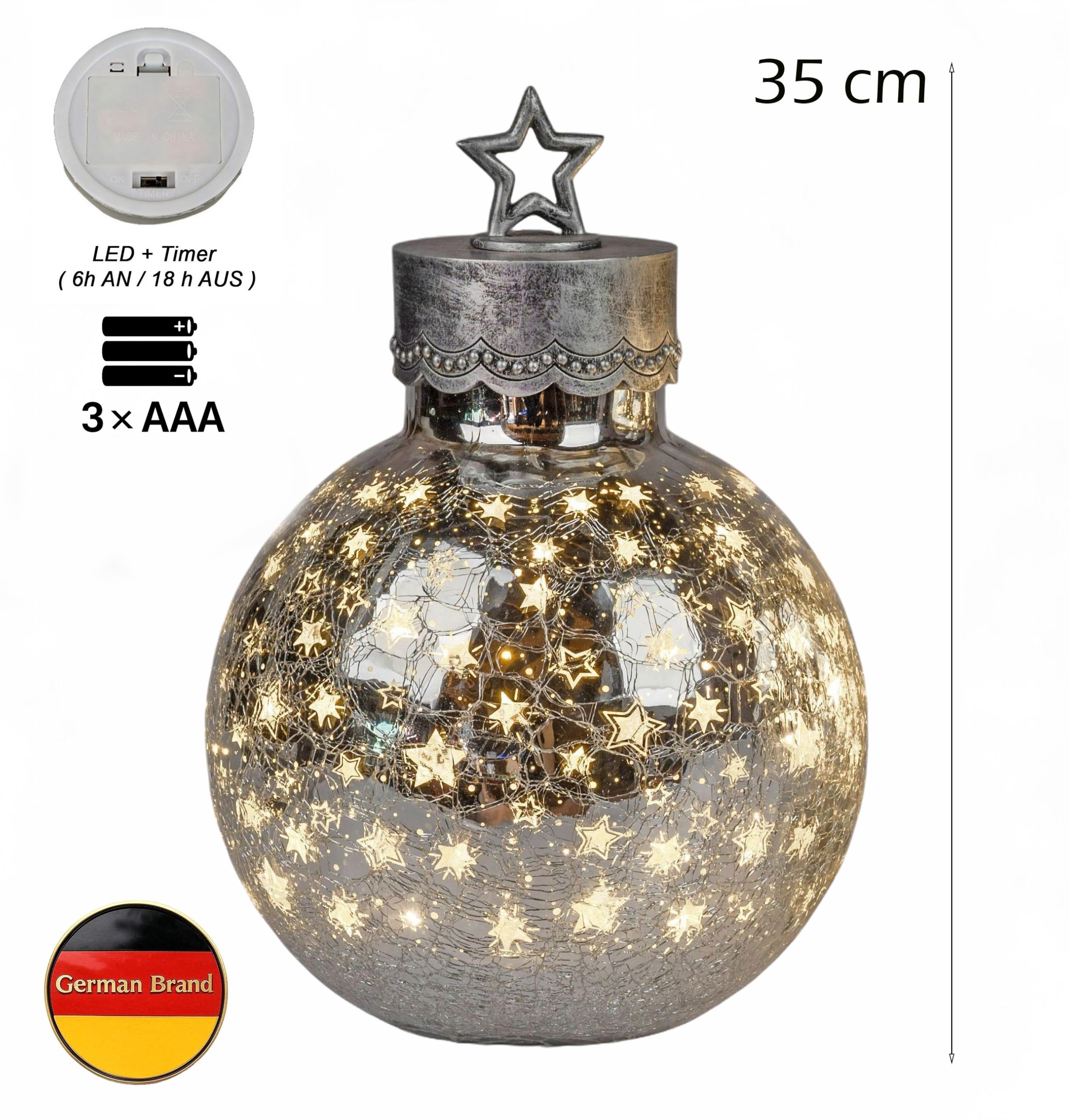 formano LED Deko-Kugel 35cm Silber Sterne Glaskugel mit Timer 6h/18h beleuchtet - inkl. Batteriebetrieben - Herbst Winter Weihnachtsdeko für Tisch Regal Fensterbank
