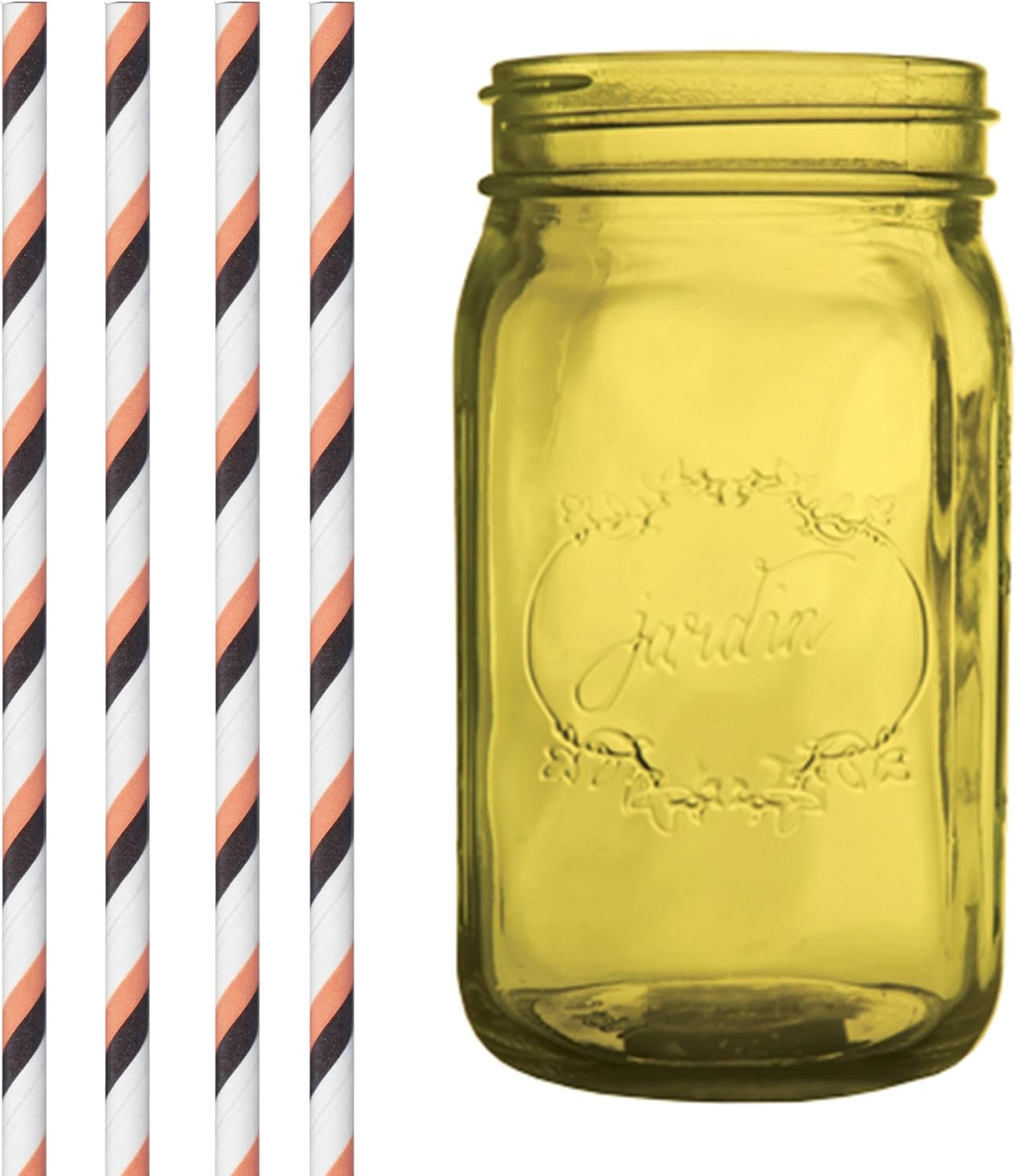 Dress My Cupcake Amber Yellow Vintage Jardin Mason Jar with Halloween Striped Straws, 32-Ounce