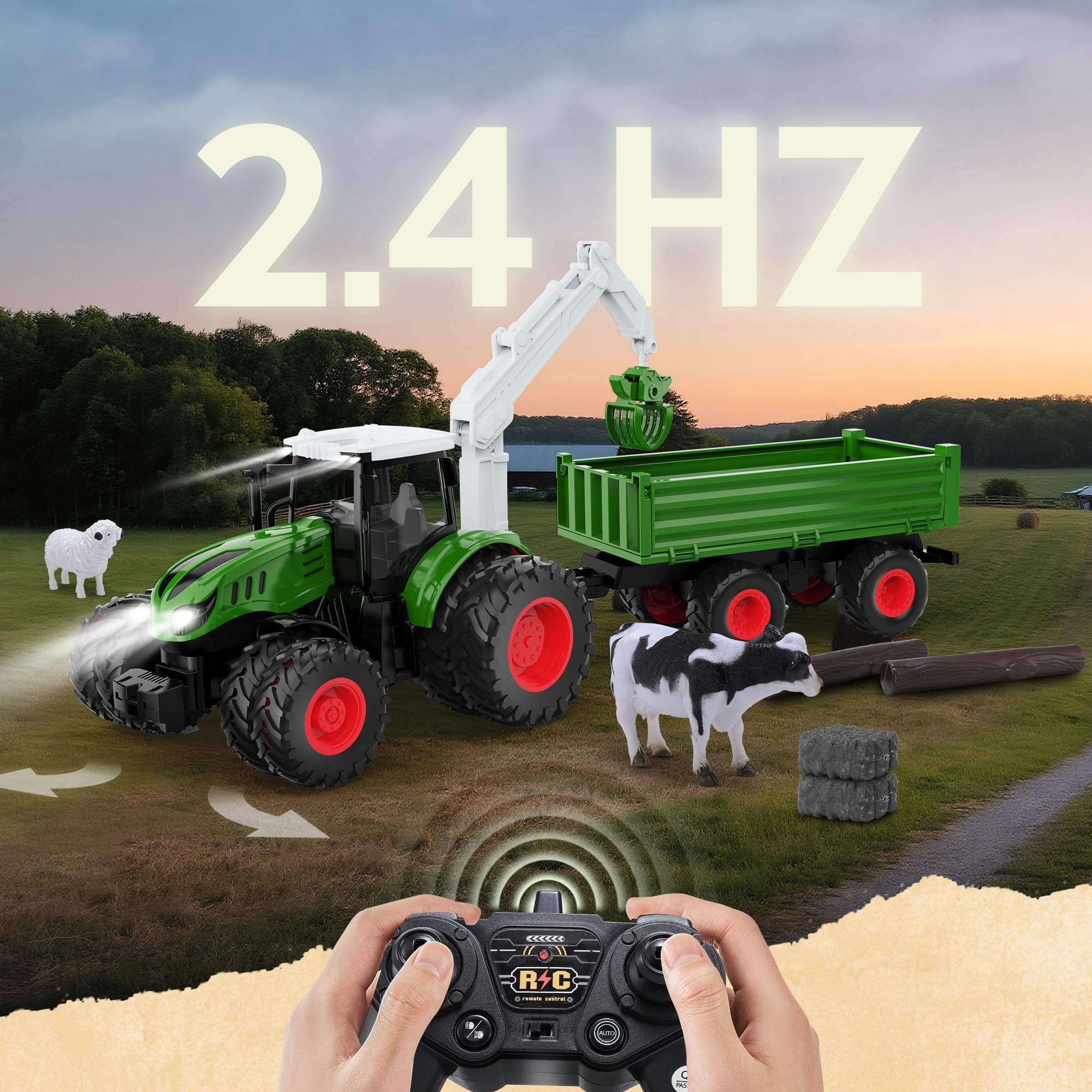 HappyGoLucky Trattore Telecomandato per Bambini, 2.4GHz, 1:16 Camion Telecomandato Fattoria Giocattolo con Luce, Rimorchio, Regalo Bambino 3-12 Anni Maschio, Regali Natale Bambini 2025 Halloween
