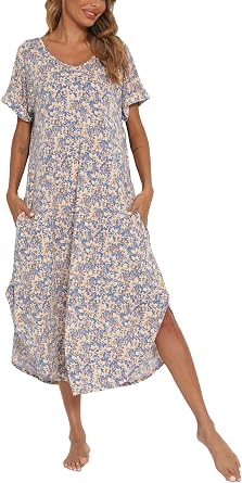 AVIIER Cotton Nightgowns for Women Short Sleeve House Dress Long Night Gown with Pockets S-XXL