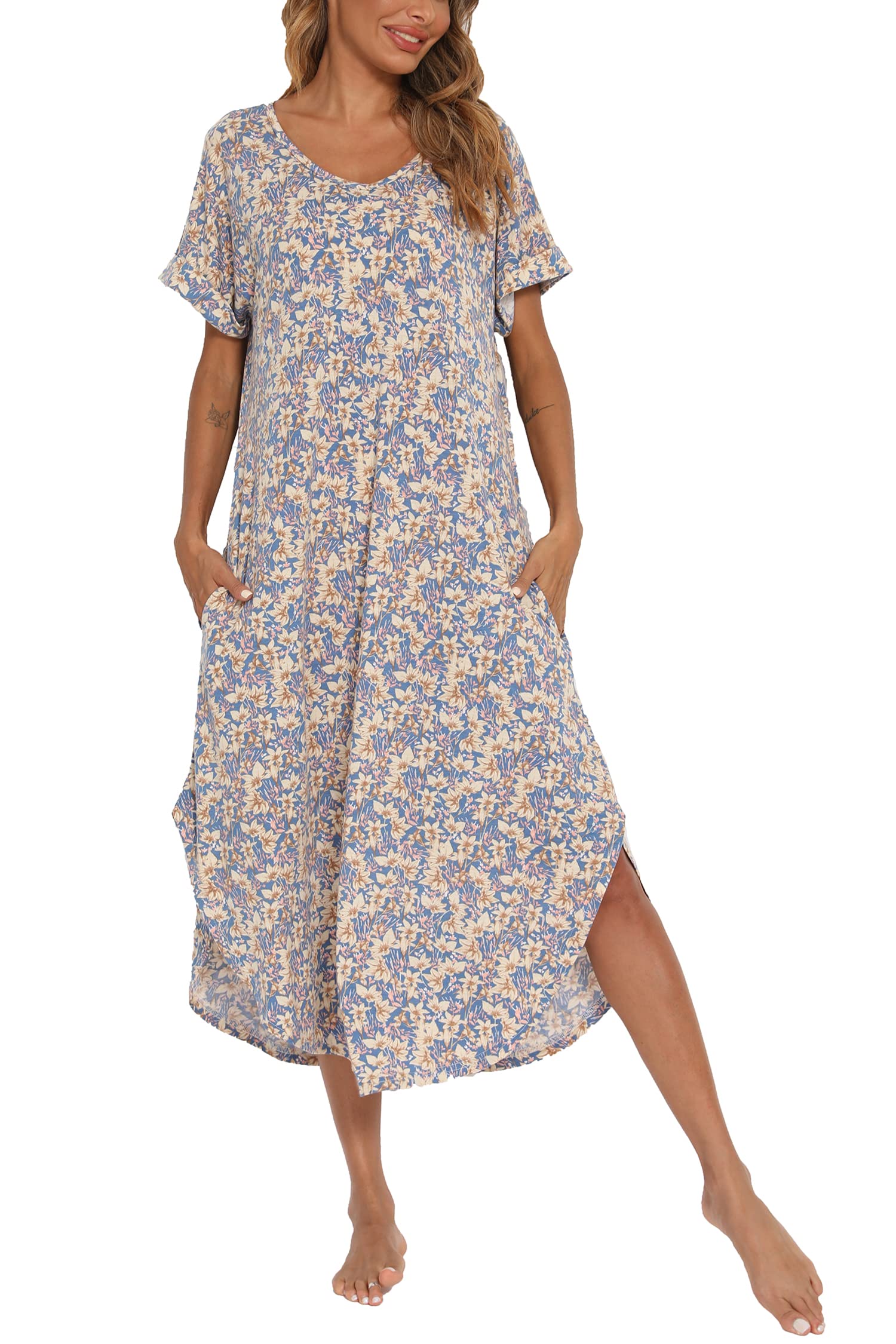 AVIIER Cotton Nightgowns for Women Short Sleeve House Dress Long Night Gown with Pockets S-XXL