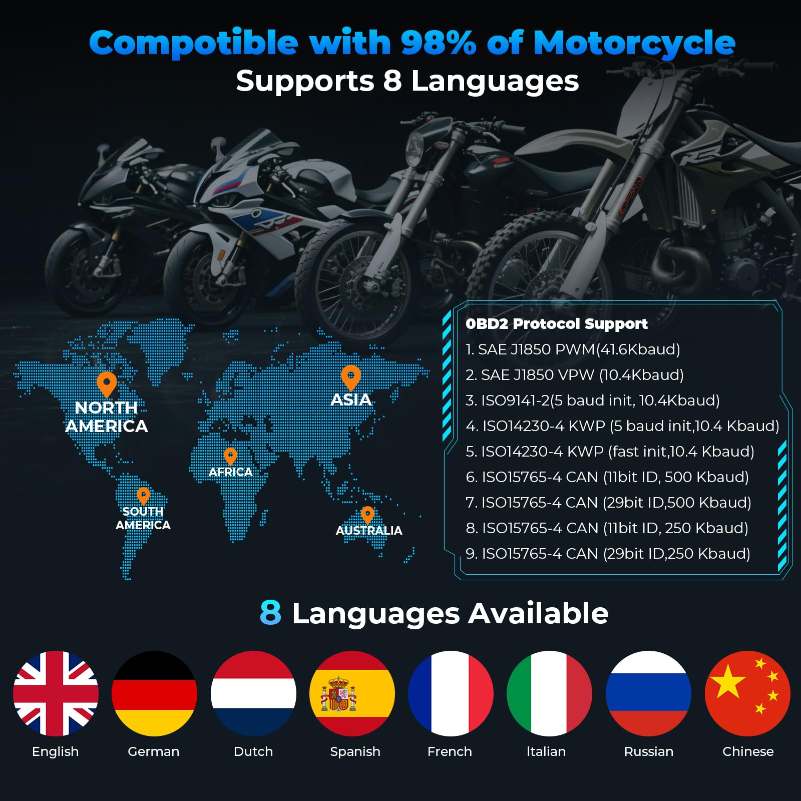 Outil de mesure de diagnostic de système de moto, scanner OBD2 avec test de tension, lecteur de code défaut de moto avec test rapide compatible avec Yamaha, Honda, Kawasaki, Generation, KYMCO