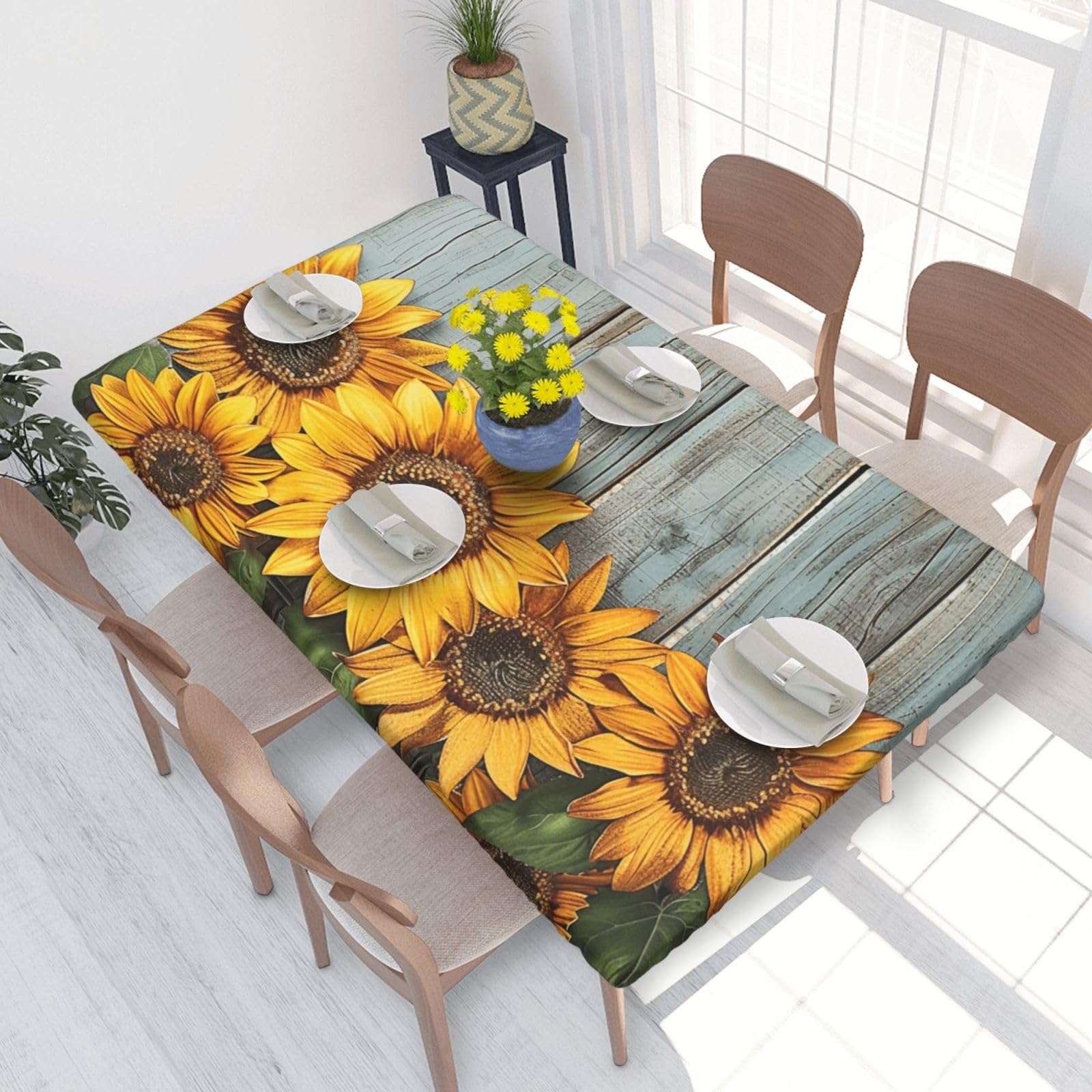 DCARSETCV Sunflowers Wooden Board Printed 4FT Waterproof Tablecloth with Elastic Edged Protect & Decor Your Table, Oil-proof Washable Table Cloth Cover for Dinner Picnic Party