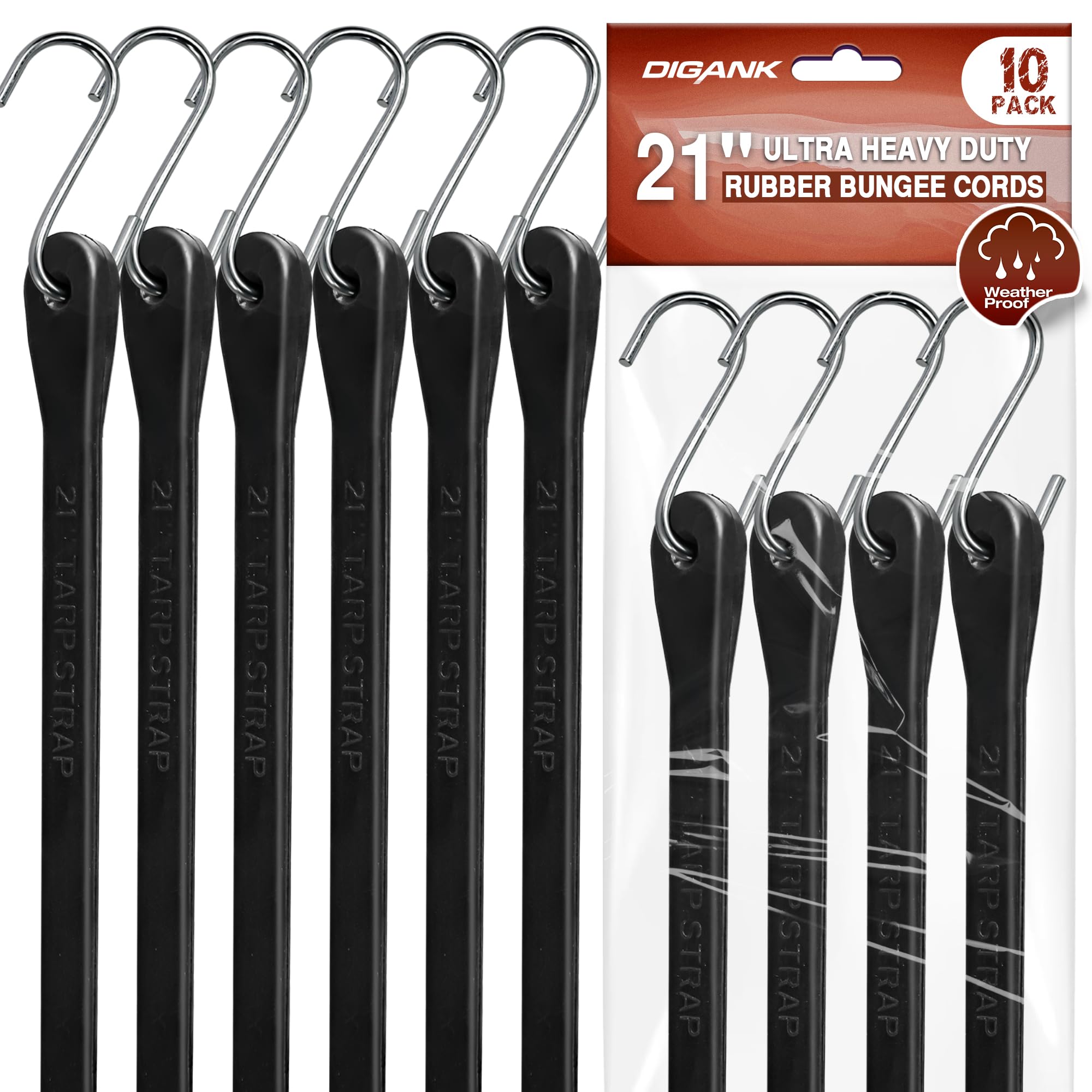 Paquete de 10 cuerdas elásticas resistentes de 21 pulgadas con ganchos de metal en S, correas de lona EPDM para asegurar carga, lonas, lienzos en todo tipo de clima, elasticidad máxima 1.5X