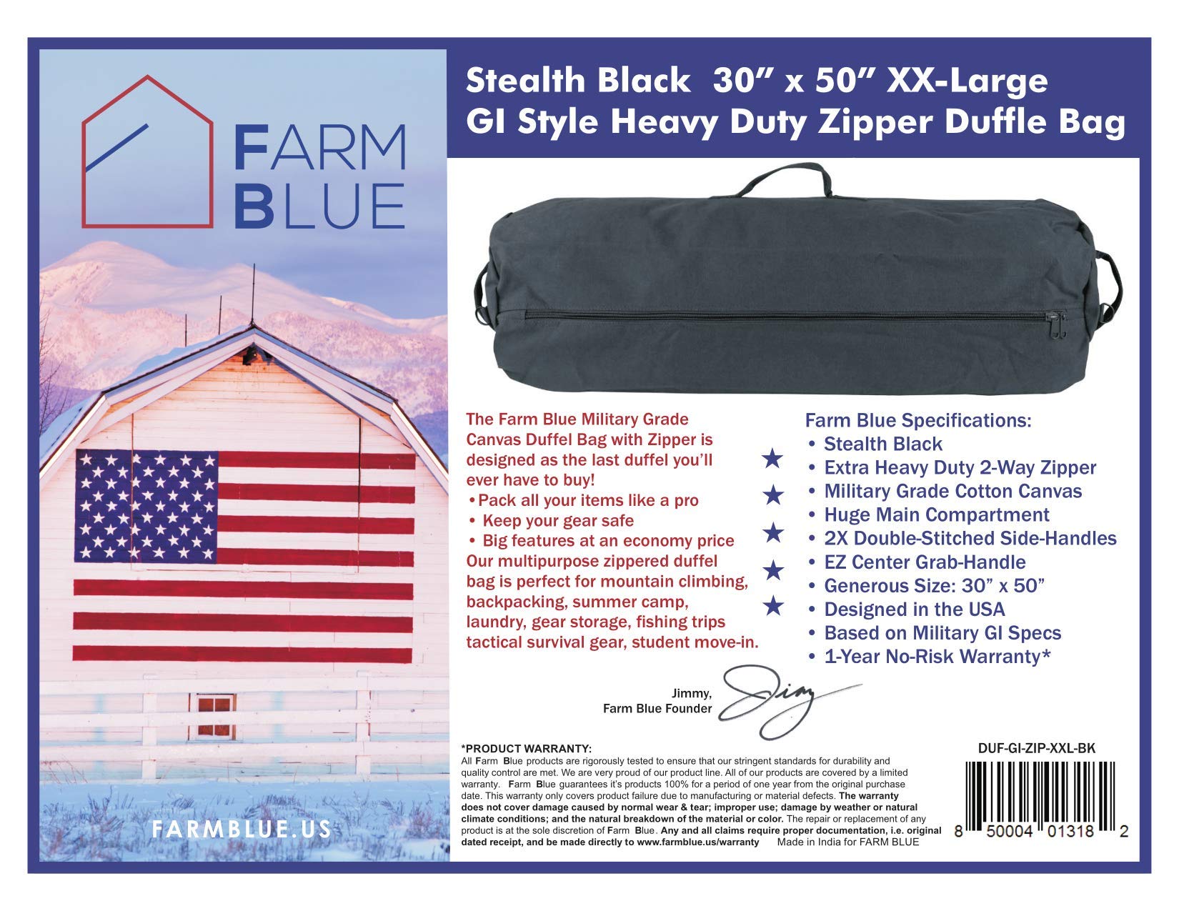 Bolsa de Lona con Cremallera Estilo GI Azul Granja OD – XL Heavy Duty Army – Bolsa de Lona de algodón de Grado Militar – Bolsa de Camping Reforzada – Fuerte Cremallera y asa Central