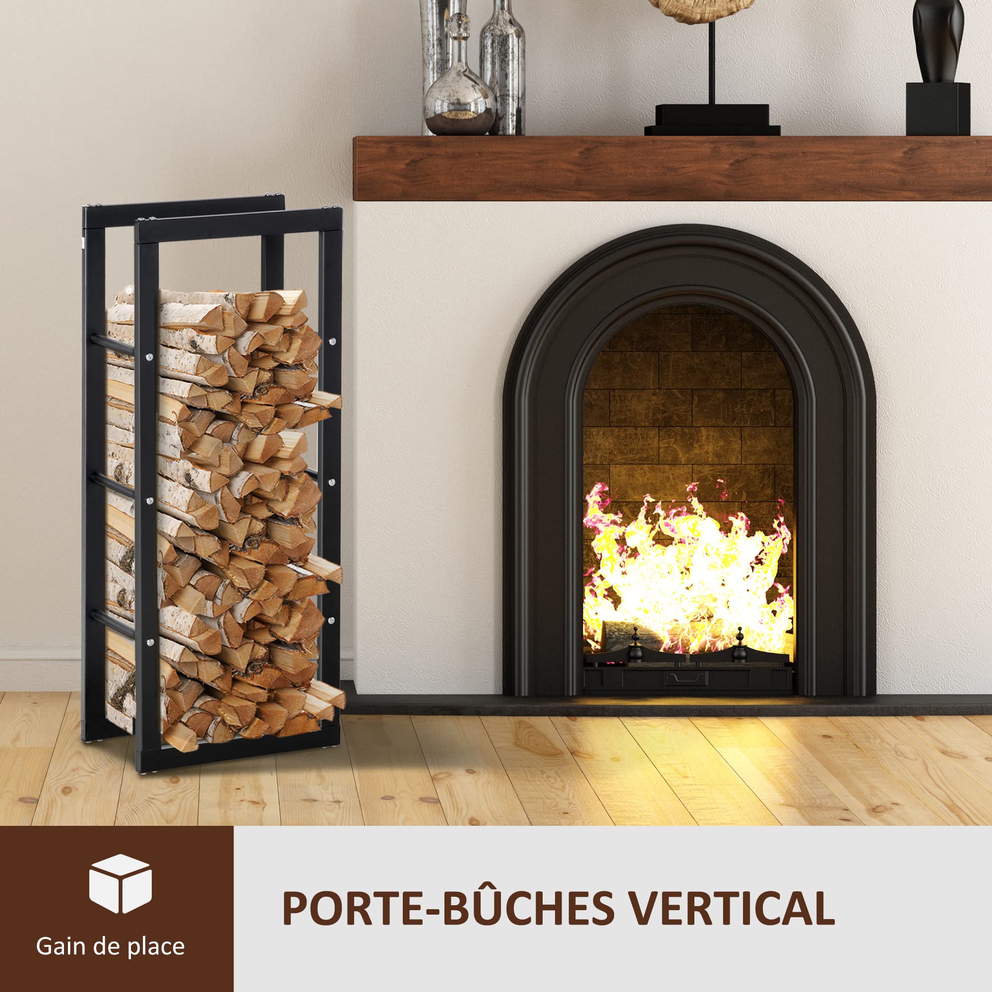 HOMCOM Range bûches porte-bois intérieur extérieur charge max 100 Kg 40L x 25l x 100H cm métal noir