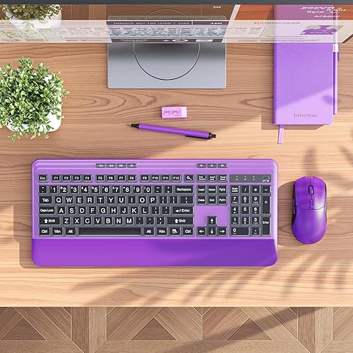 Vista 5 de Juego de teclado y mouse inalámbricos con teclas silenciosas, teclado morado de tamaño completo de 2.4 G y mouse con reposamuñecas, fundas Violeta
