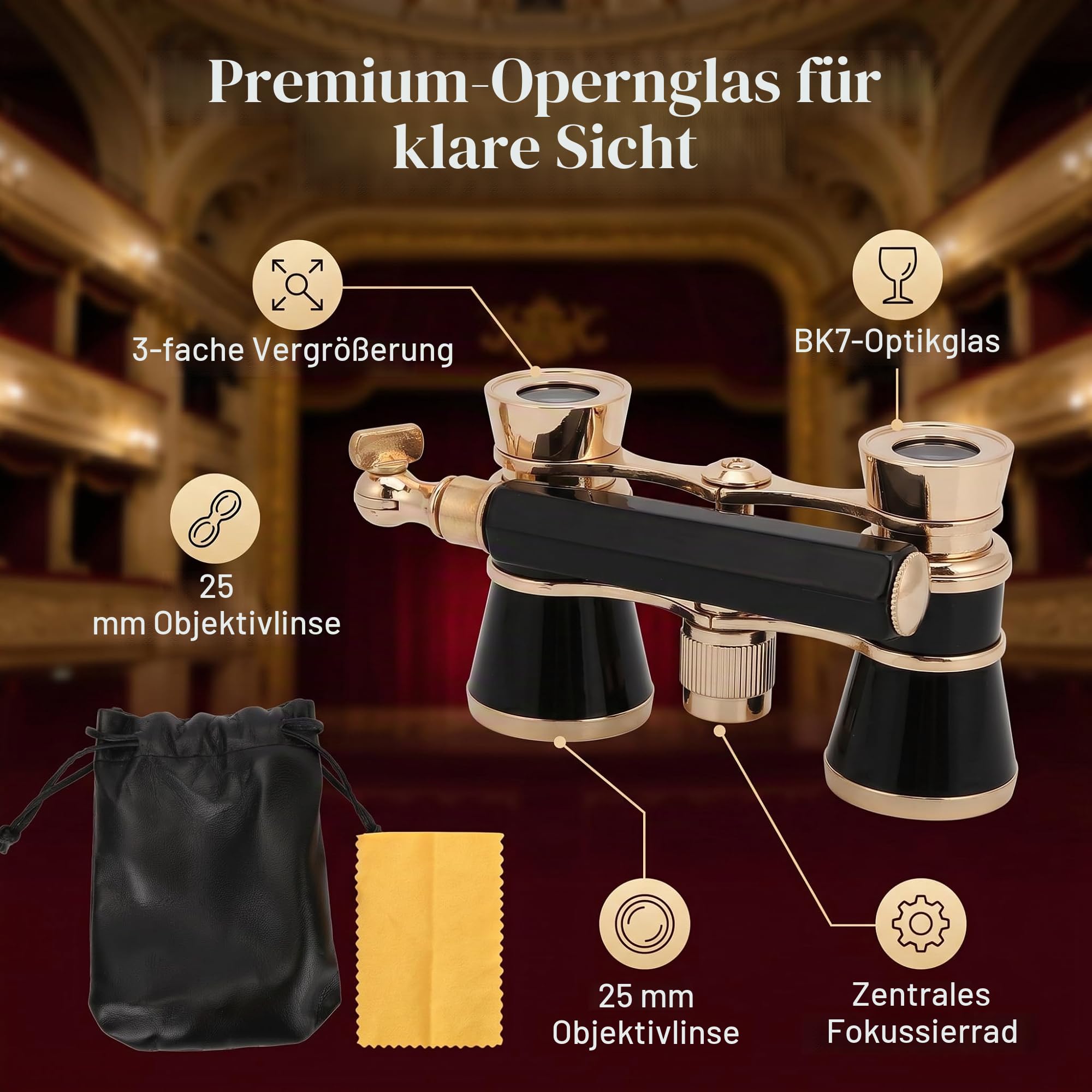 Fernglas für Oper, 3X25 Opera Fernglas Teleskop Theater Tragbares Teleskop Theater Opernglas für Frauen Mädchen Kinder (Black)