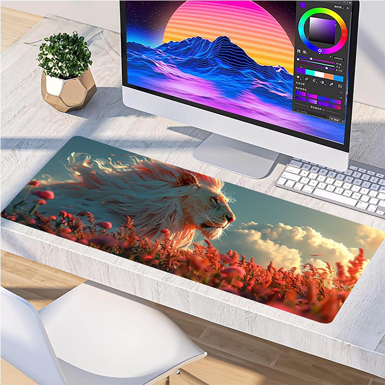 Tappetino Mouse XXL 1500 x 800 mm, Tappetino Mouse Leone, Gaming Mousepad Migliorare la Velocità e la Precisione, Mouse Pad con Base in Gomma Antiscivolo, Ufficio Accessori Gaming, Bianco 9-9250