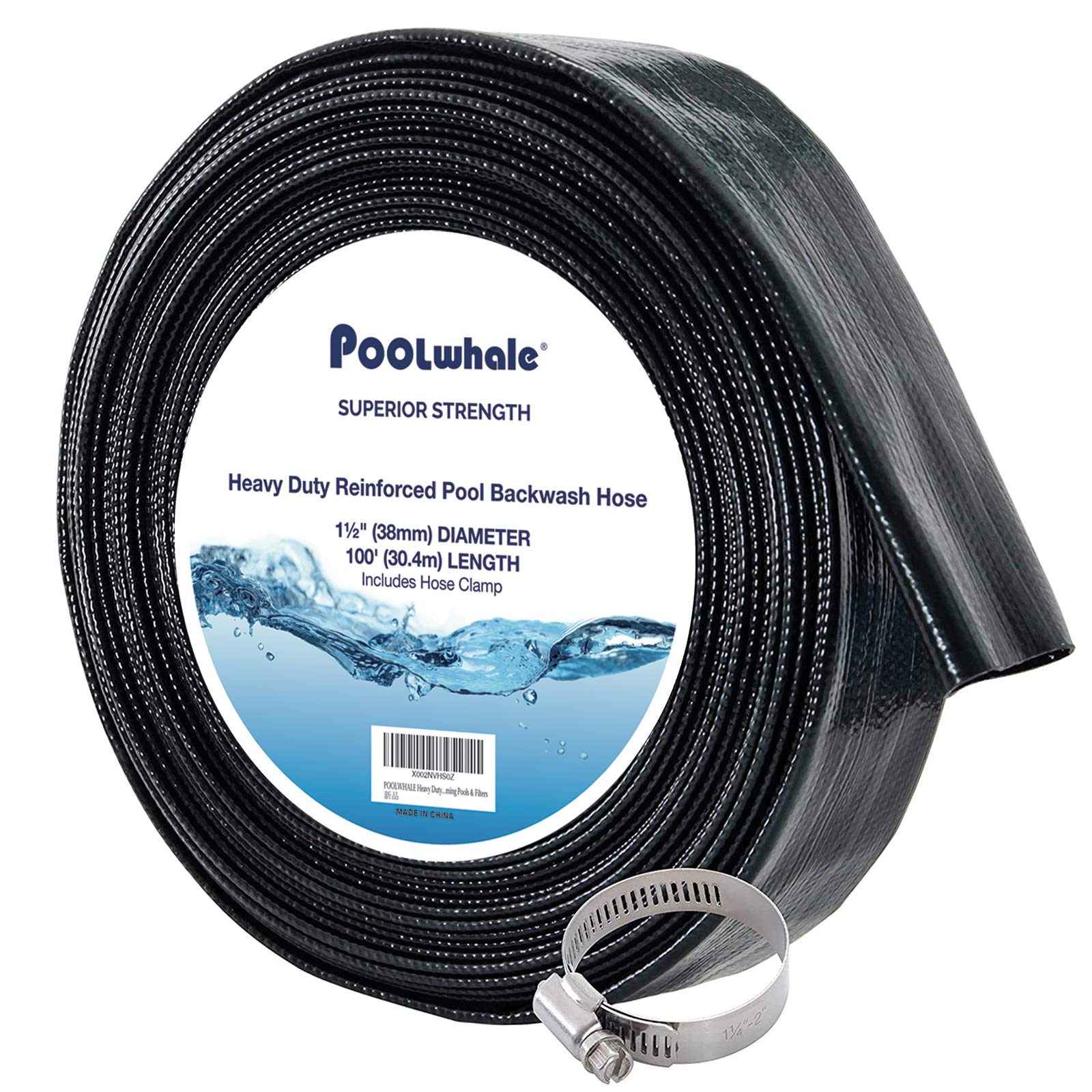 POOLWHALE Heavy Duty 11/2" x 100' Thick 1.2mm Black Backwash Pool Hose