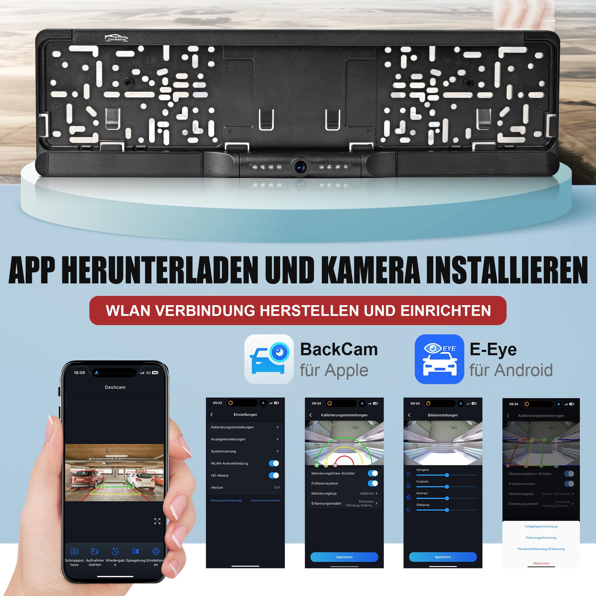 WLAN Funk Rückfahrkamera im Kennzeichenhalter HD Rückfahrsystem App-Steuerung iOS Android KI Erkennung IR Nachtsicht