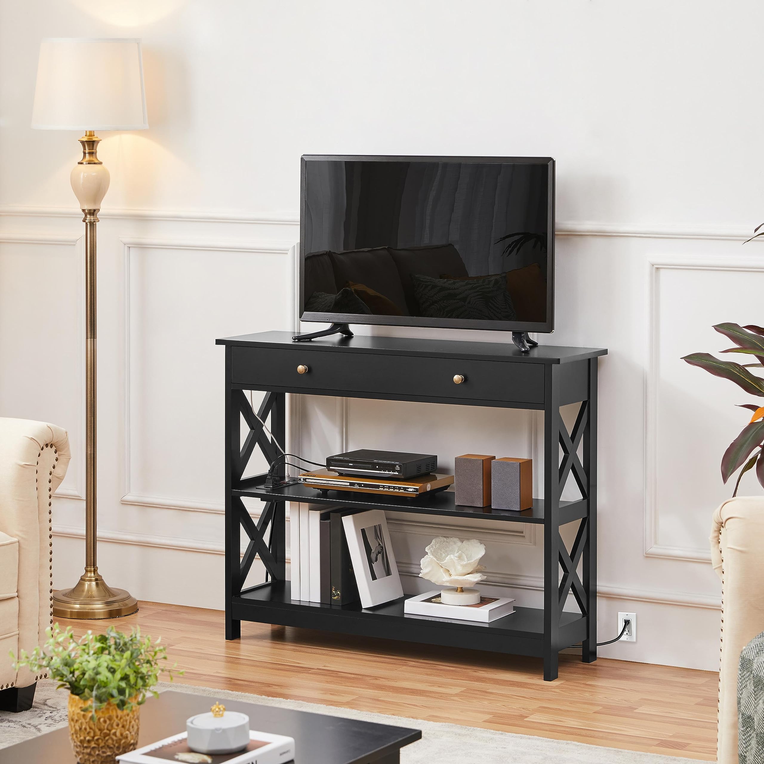 Yaheetech TV Stand with Power Outlet, Entertainment Center with Drawer, 39.5