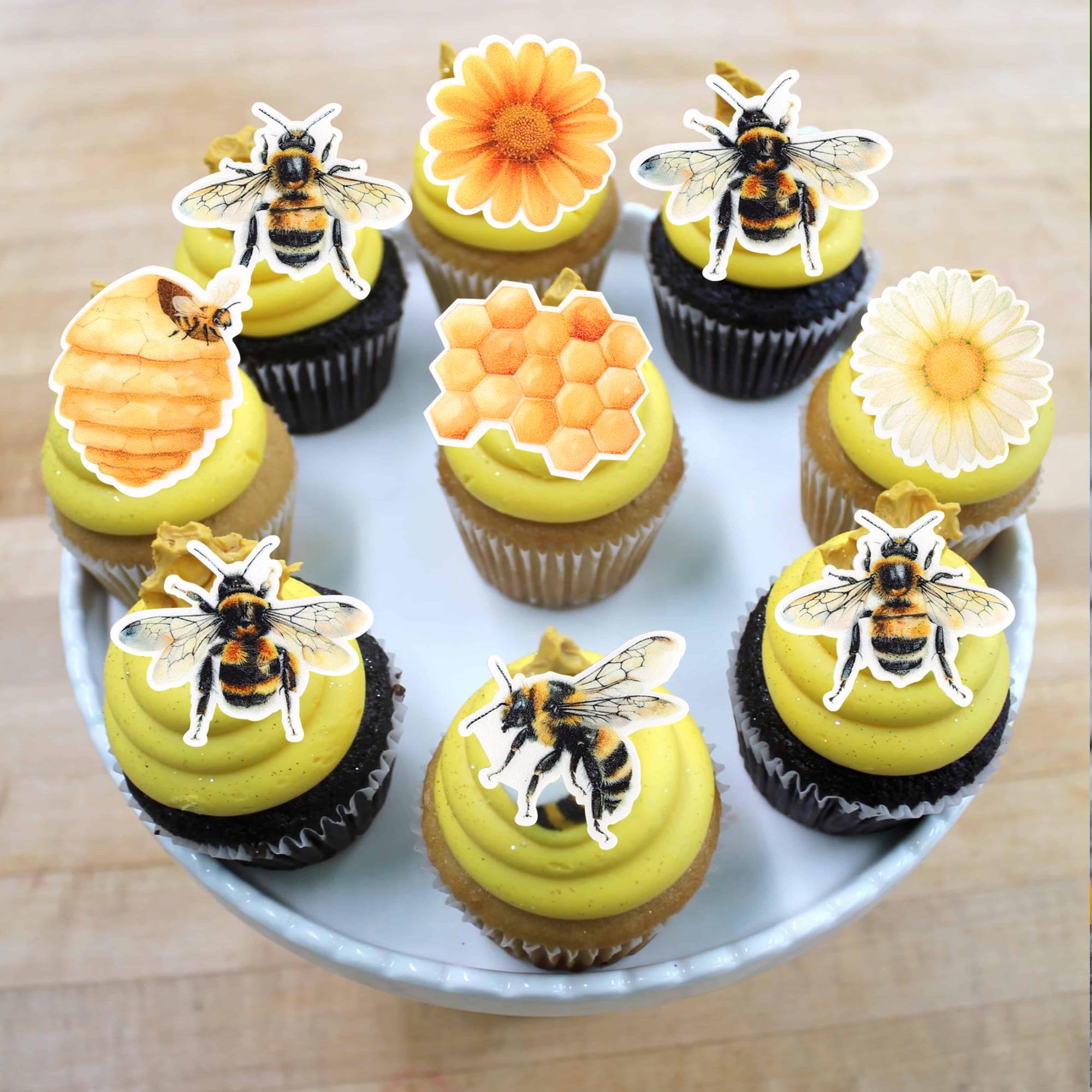 30Pcs Bee Cake Toppers - Double Layer Bumble Bee Cupcake Decorations For Bee Theme Birthday Party Supplies