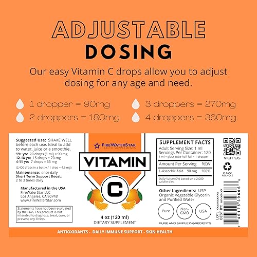 Miniatura 6 de Vitamina C - Gotas líquidas fáciles - Ácido ascórbico bioactivo - 4 onzas - 120 porciones (suministro de 4 meses) - Orgánico, sin OMG, vegano -