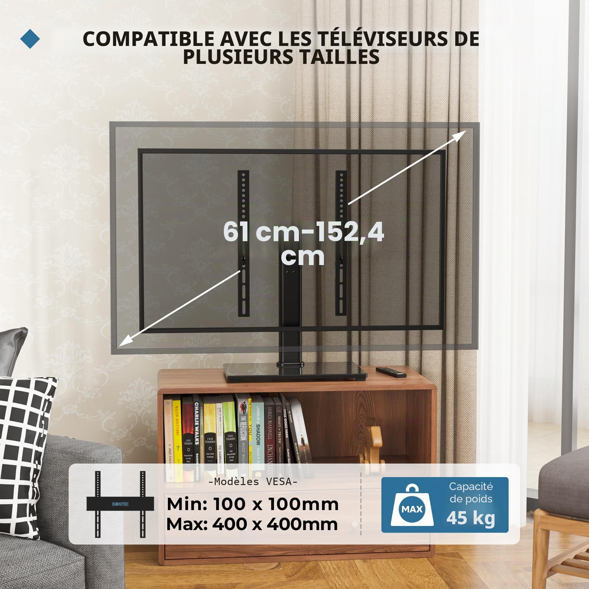 BONTEC Support TV sur Pied TV Universel Pivotant pour Télévisions de 24 à 60 Pouces LCD/LED/Plasma Hauteur Réglable avec Base en Verre Trempé de 8 mm - Charge Maximal 45kg Max VESA 400x400 mm