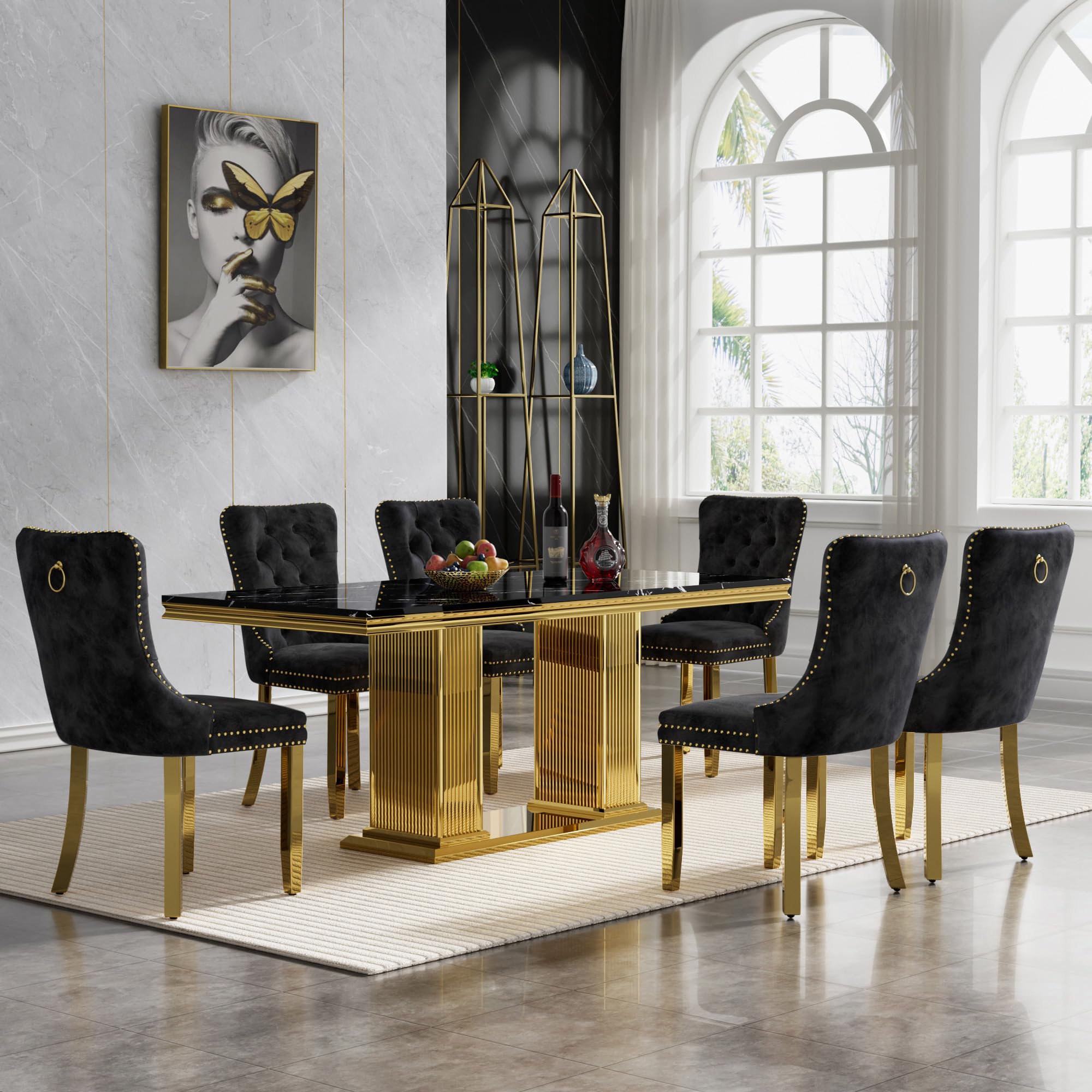 Black Marble Dining Table Set for 6,68 inch Black Marble Table with Golden Double Column Stainless Steel Base, Faux Marble Kitchen Table and Velvet