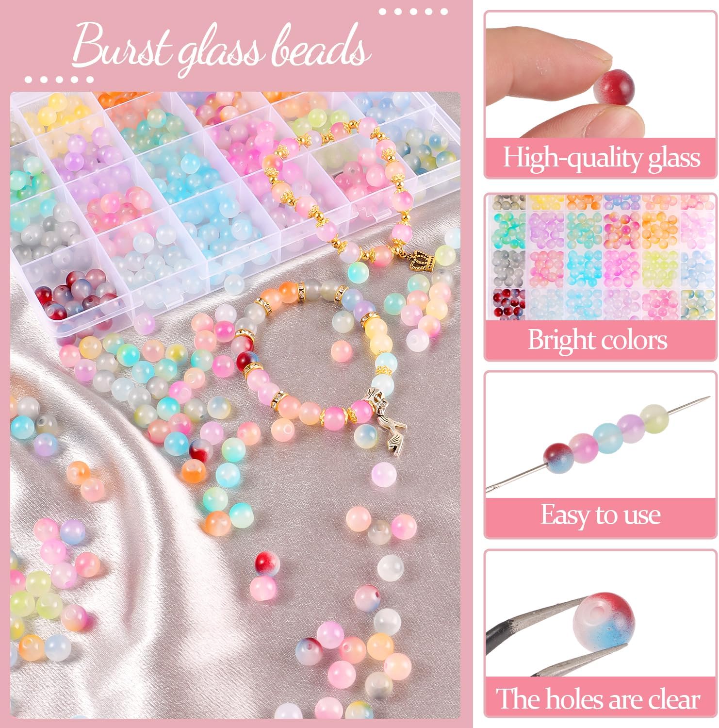 Glass Beads for Jewelry Making, 8mm 24 Colors Crystal Glass Beads, Round Friendship Bracelet Making Kit Bead DIY Crafts for Birthday Gifts - Image 3