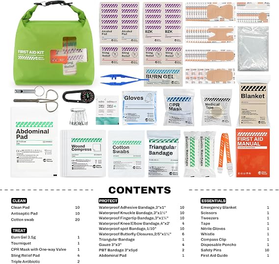 RHINO RESCUE Waterproof Boat First Aid Kit, Lightweight Dry Bag (Green)