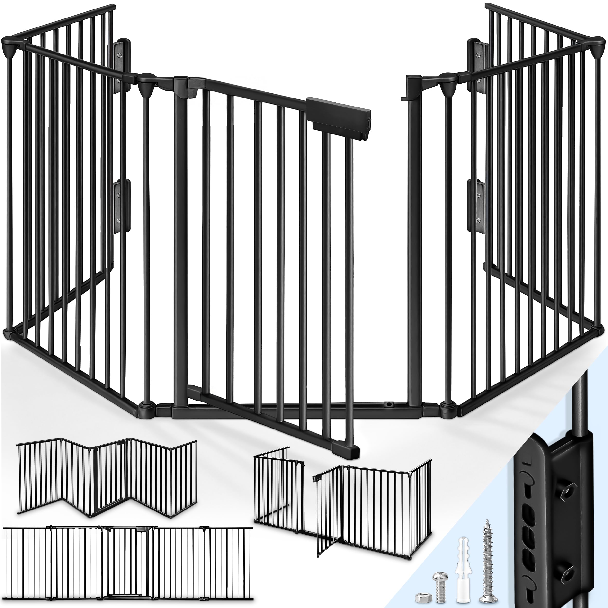 KIDUKU® Barriera di sicurezza 300-600 cm per Bambini e Animali | Cancelletto Griglia di Sicurezza per Camino - Preassemblato | Barriera Protettiva Pieghevole per Porte o Scale (Nero, 240 cm)
