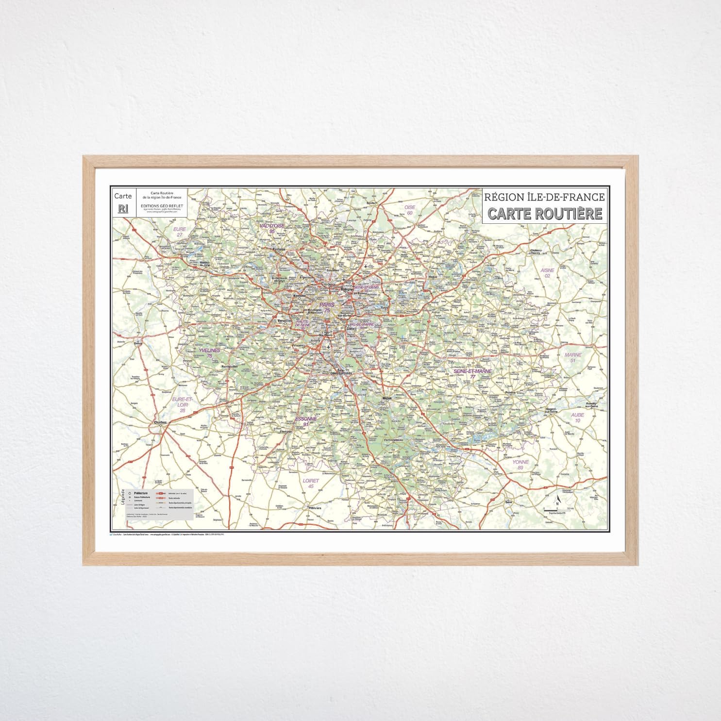 Carte routière de la région Île-de-France - Poster plastifié 120x85cm - Édition 2026