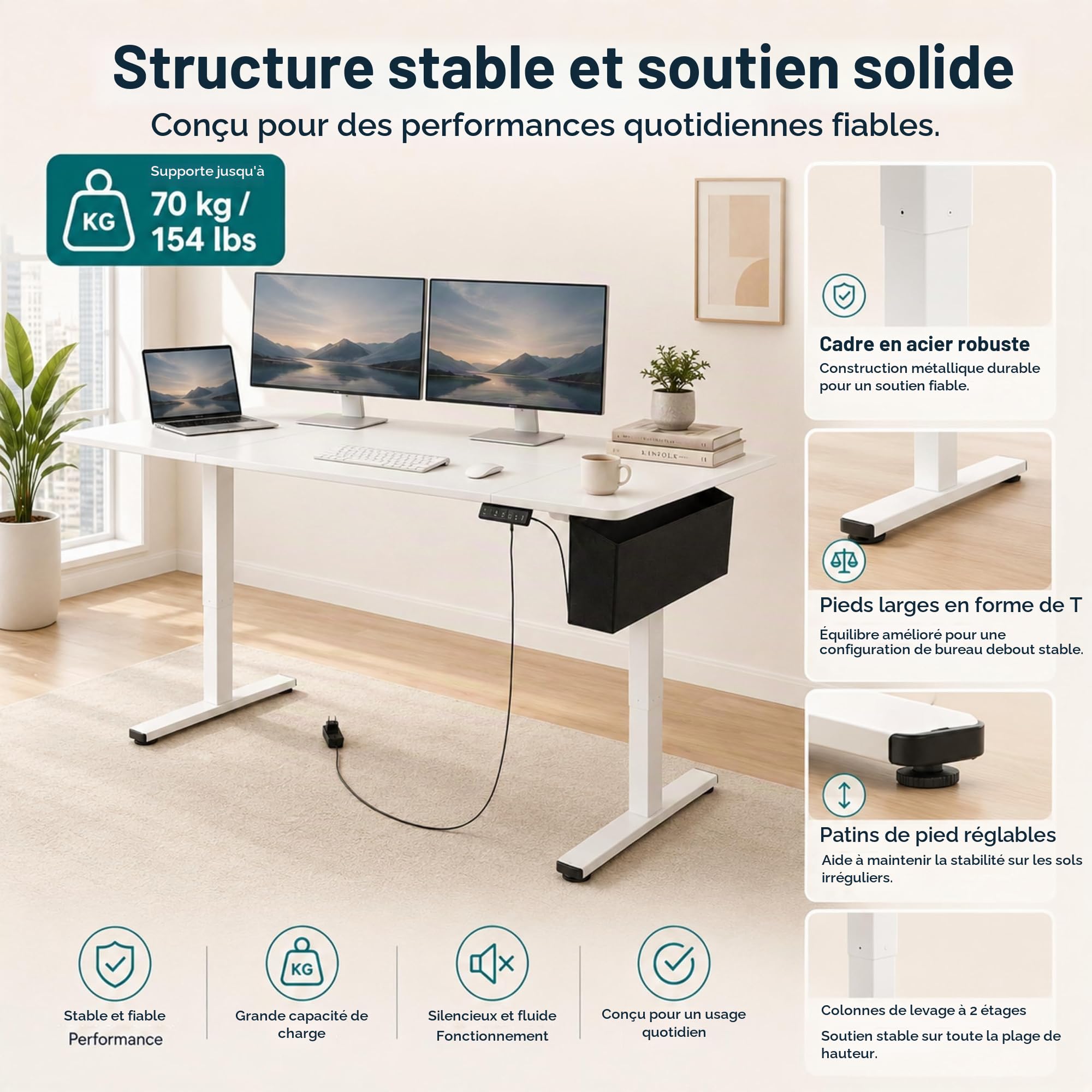 Bureau Assis Debout Électrique 160x75cm,Reglable en Hauteur 70 et 117,5 cm,avec Lumineuse,USB, Sac et Crochet,2 Fonction Mémoire,Bureau Gaming Electrique Rrgonomique,Blanc