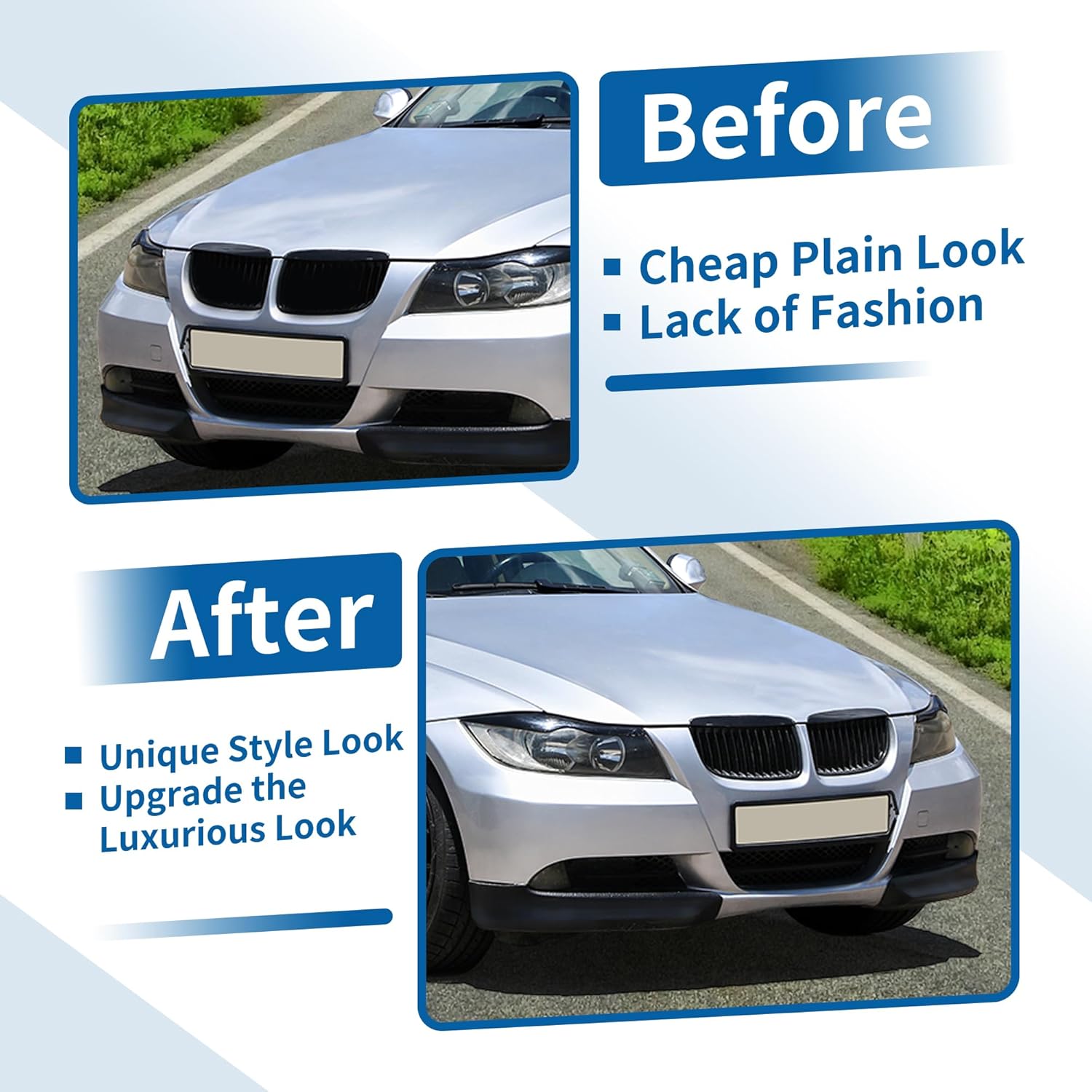 X AUTOHAUX Front Upper Hood Bumper Grille Grill for BMW 325i E90 2005-2008 Front Left Right Upper Bumper Kidney Grille Grill Signal Slat Gloss Black Pair