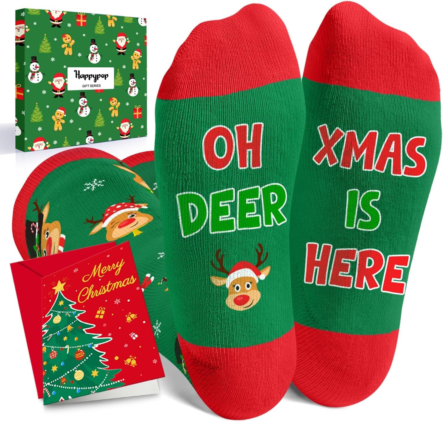 Happypop Christmas Socks for Kids - Elf Reindeer Gingerbread Xmas Gift with Greeting Card