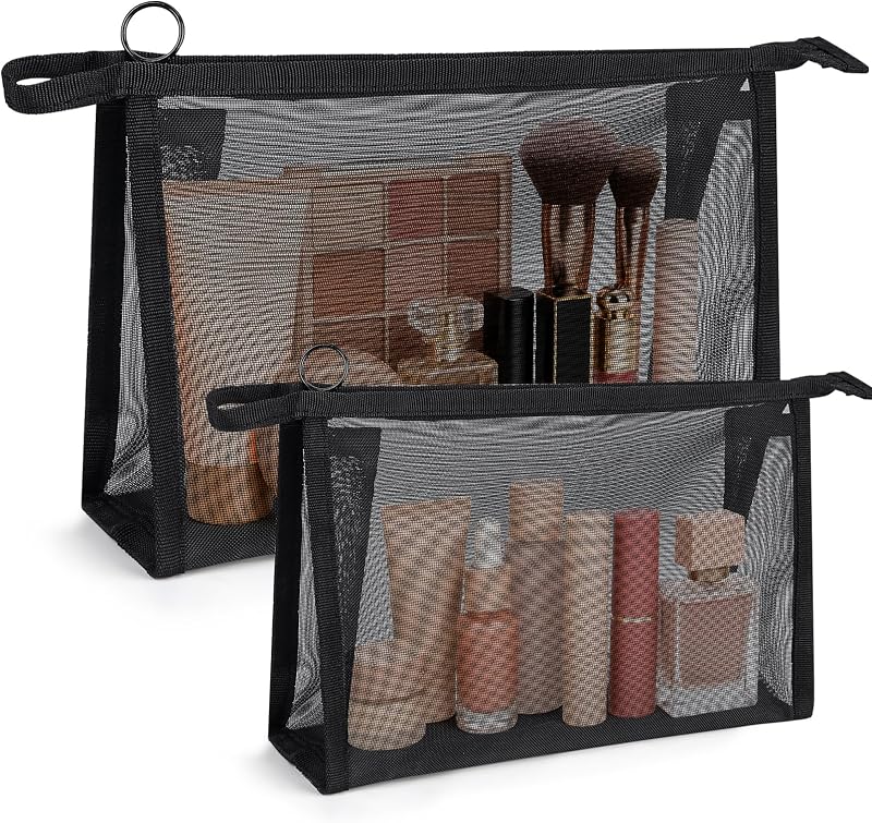 Necessaires de maquiagem em malha besharppin, pacote com 2, abertura ampla, pretas