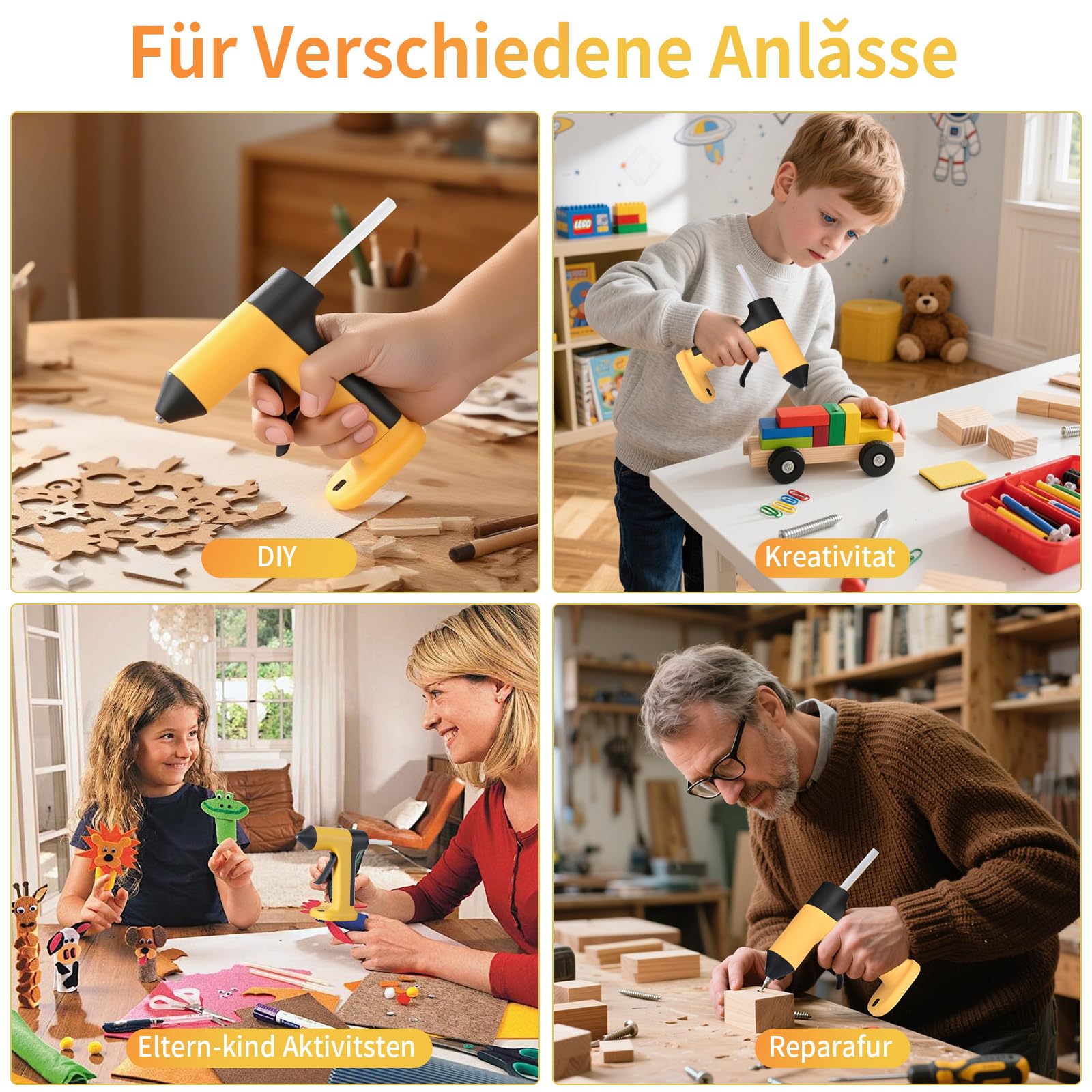 Heißklebepistole Akku 2000mAh, Heißklebepistole Kabellos mit 20 Klebesticks 7 mm x 130 mm, 60 Min. Laufzeit, Klebepistole Akku für Schule, Heimwerken, und Reparaturen im Haushalt