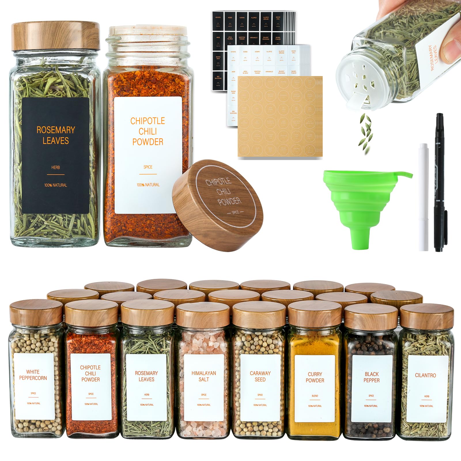 TESUNMU Spice Jars with Label，4oz Seasoning Containers, Glass Spice Bottles with Shaker Lids,Funnel, Chalk Pen (36)