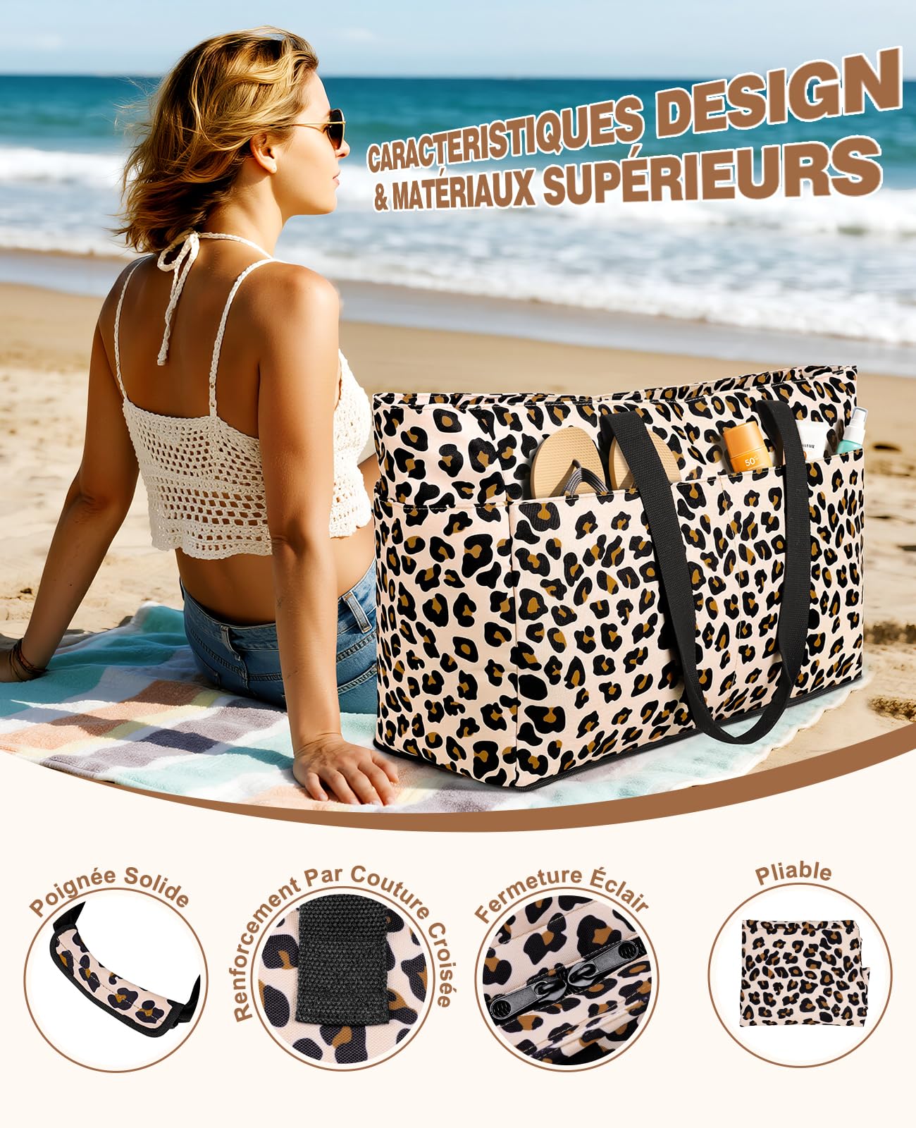 ISEYOU Sac de Plage XXL, Grand Sacs de Plage Femme avec Démontable Sac Isotherme, Multi-Poches Pliable Imperméable Sacs Plage avec Fermeture Éclair pour Piscine Voyages Vacances Pique-nique Gym 49L