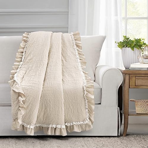 Miniatura 3 de Lush Decor Ella - Manta de encaje con volantes, 50 pulgadas de ancho x 60 pulgadas de largo, neutra, manta de coqueta para cama, manta de sofá,