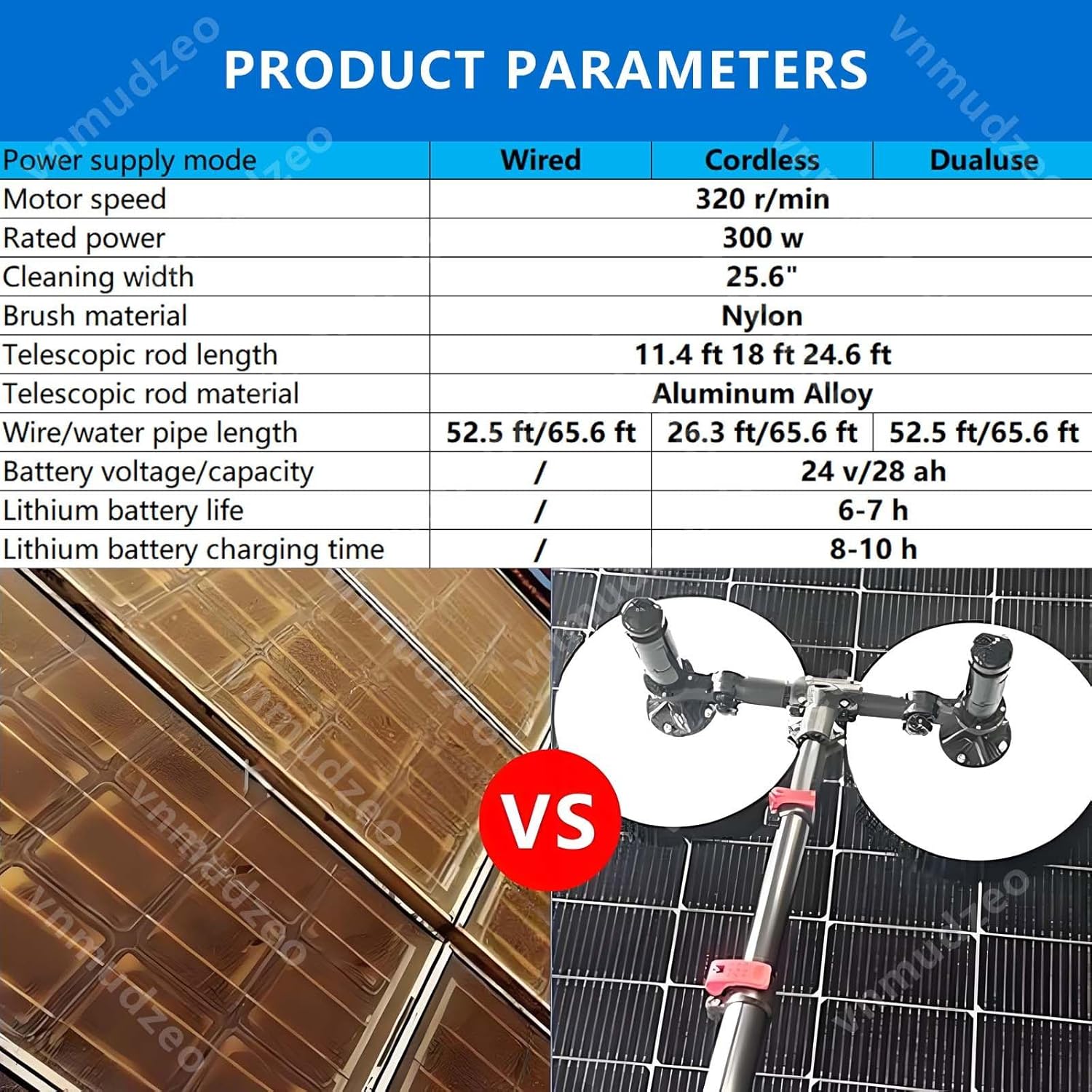 N2 Double Head Solar Panel Washing Machine 300 w,w/Aluminum Alloy Rod & Nylon Brush Head,420 min Run Time,IP5 Waterproof,Cleaning Efficiency Increased by 20%,Wired11.4ft